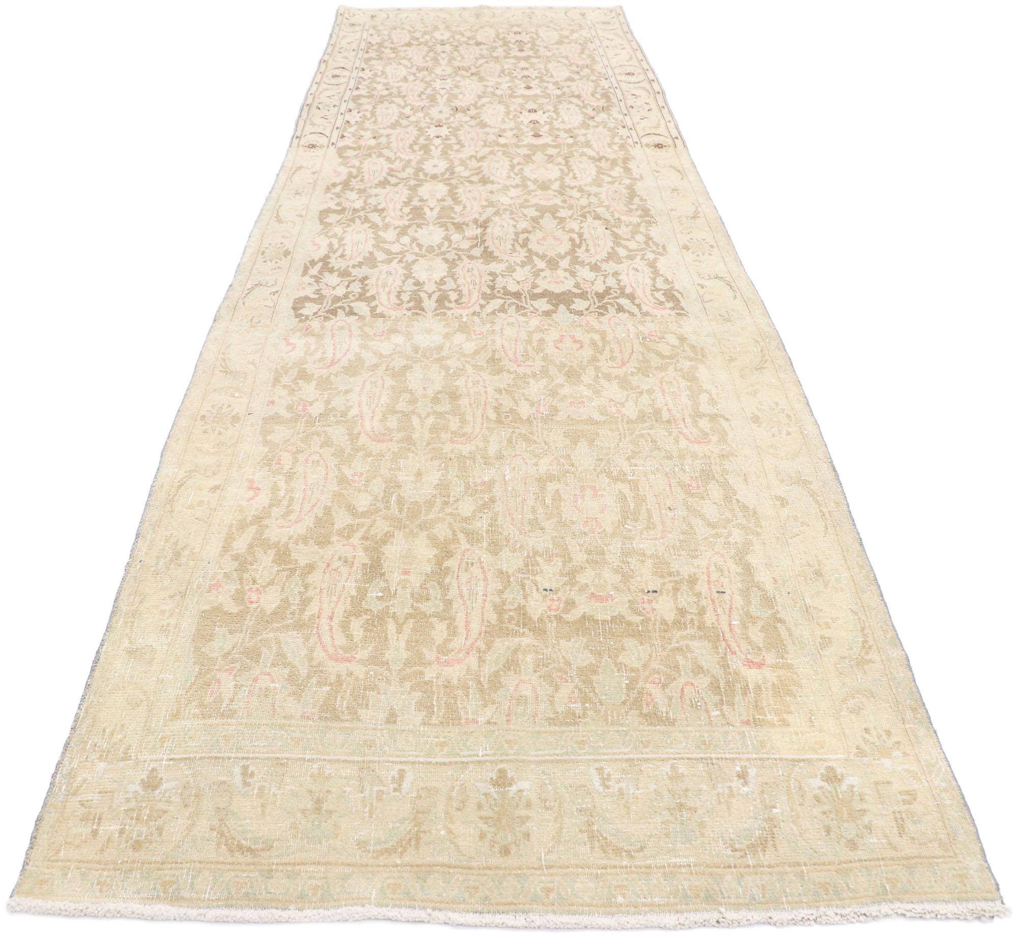 Hand-Knotted Distressed Antique Persian Tabriz Runner with Swedish Farmhouse Cottage Style For Sale