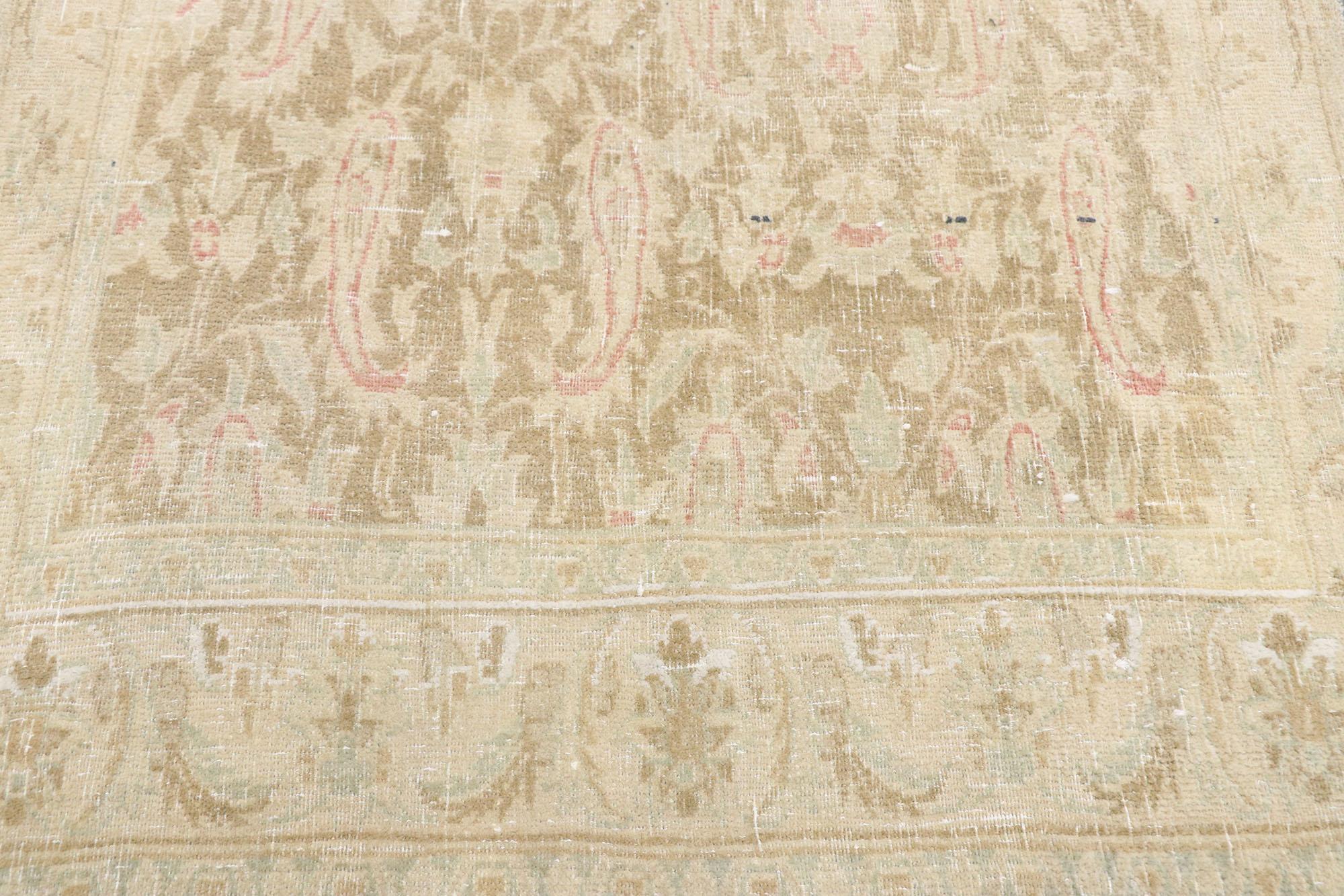 Distressed Antique Persian Tabriz Runner with Swedish Farmhouse Cottage Style In Distressed Condition For Sale In Dallas, TX