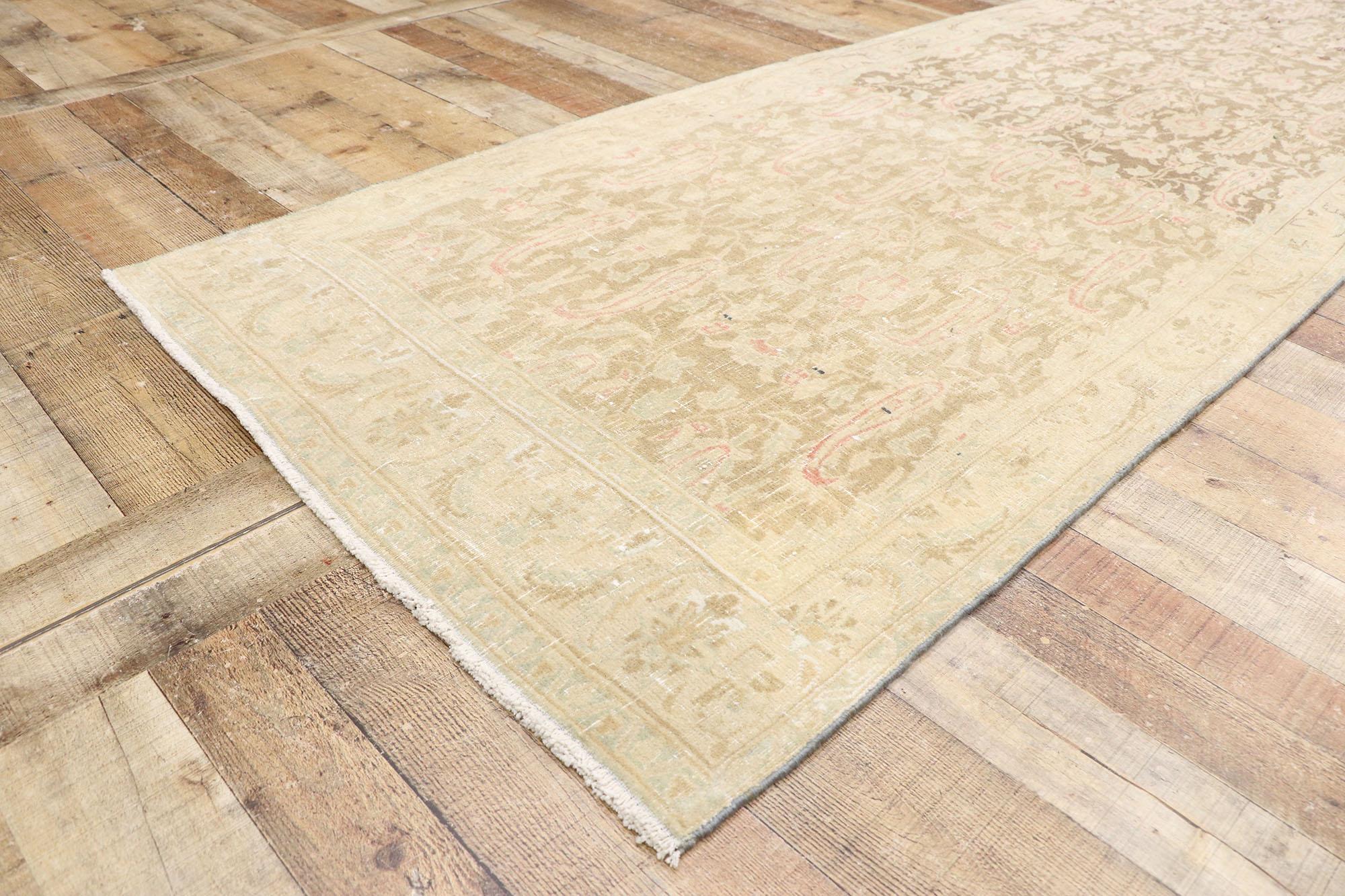Wool Distressed Antique Persian Tabriz Runner with Swedish Farmhouse Cottage Style For Sale