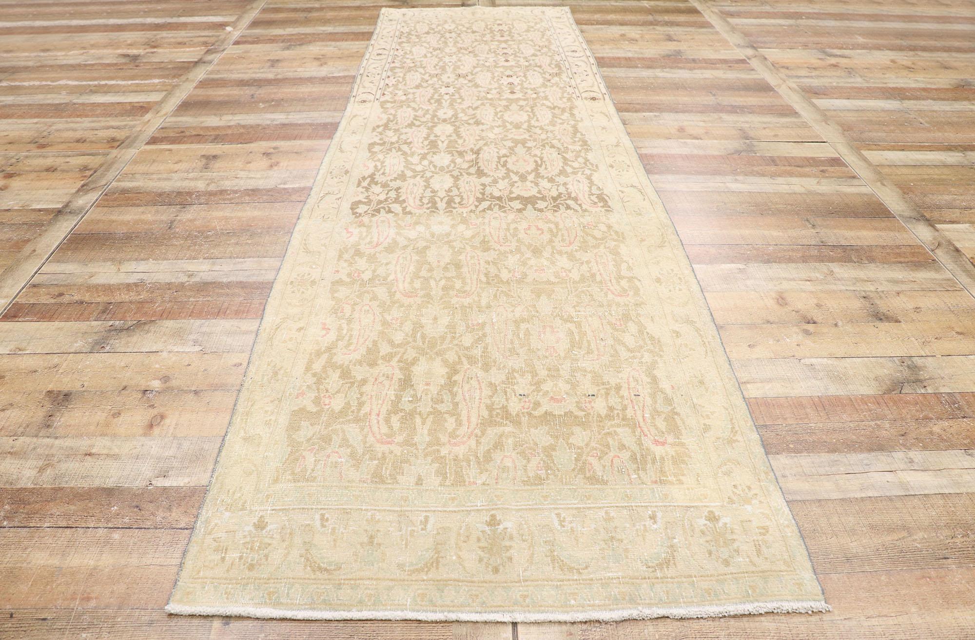 Distressed Antique Persian Tabriz Runner with Swedish Farmhouse Cottage Style For Sale 1