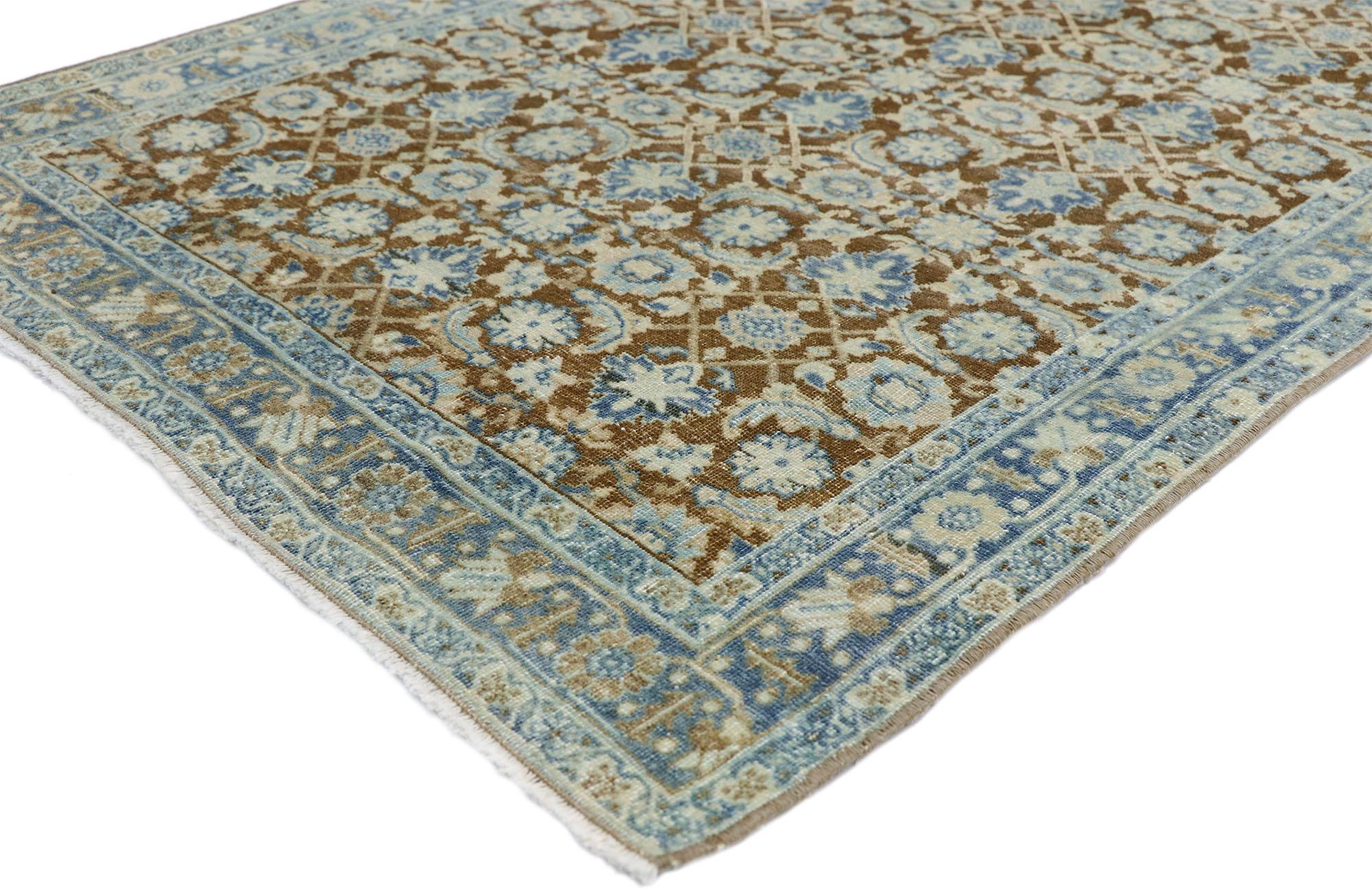 52564, distressed antique Persian Tabriz style runner with Gustavian style. With its ornate floral detailing and weathered beauty combined with Gustavian grace, this hand knotted wool distressed antique Persian Tabriz Design runner displays