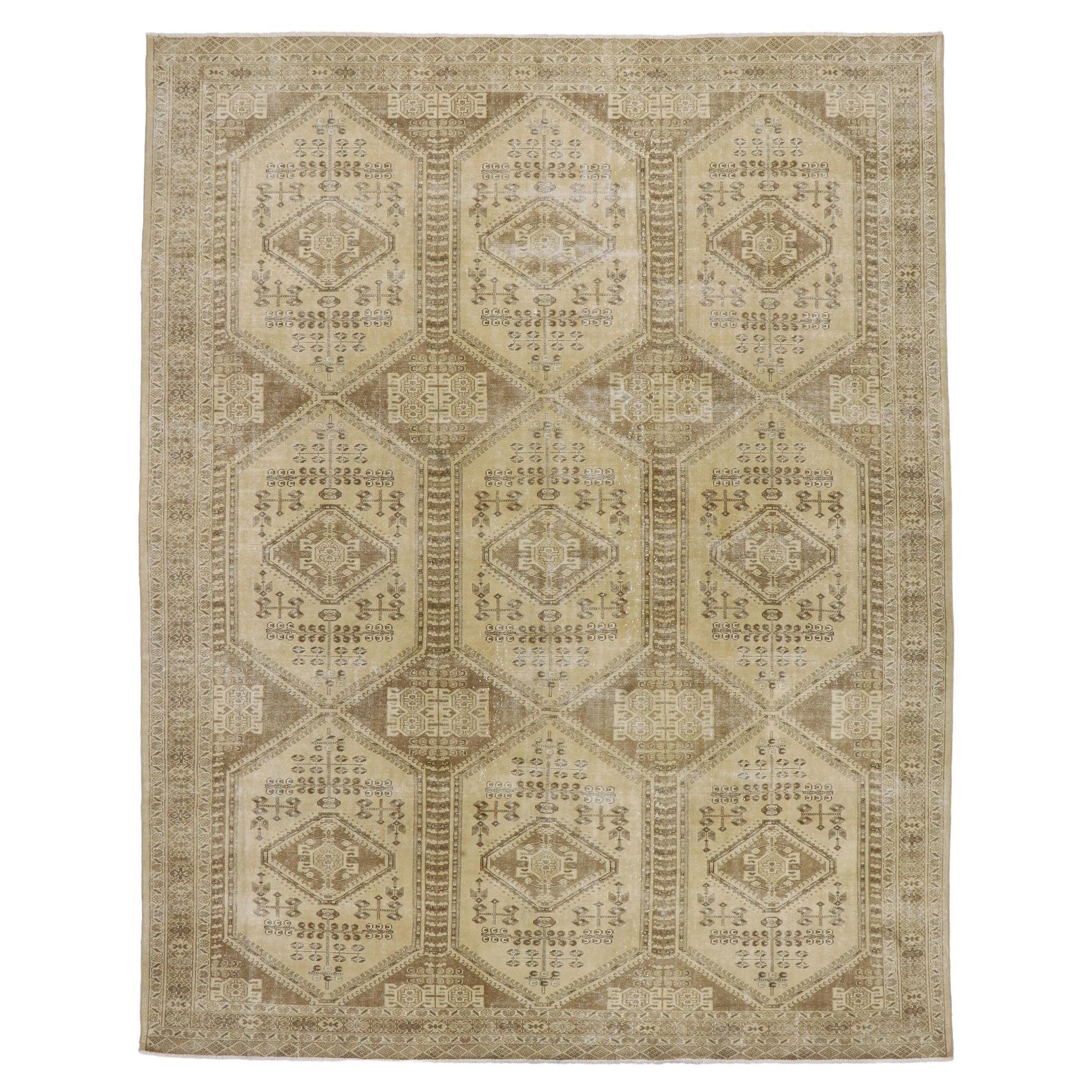 Distressed Antique Persian Turkaman Rug with Modern Rustic Style