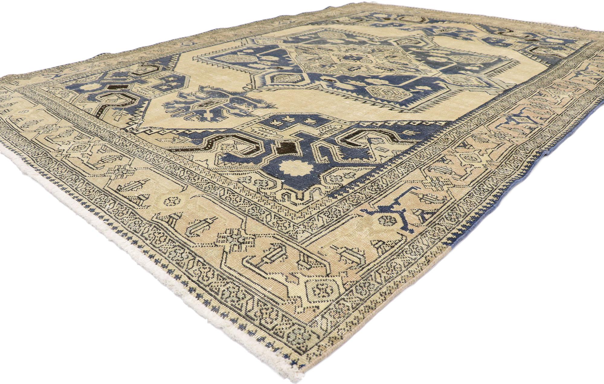 60943 Distressed Antique Persian Viss Rug, 06'11 x 09'10.
Prepare to embark on a captivating journey, guided by the tender embrace of this meticulously hand-knotted wool antique Persian Viss rug. Immerse yourself in a world of mesmerizing beauty,