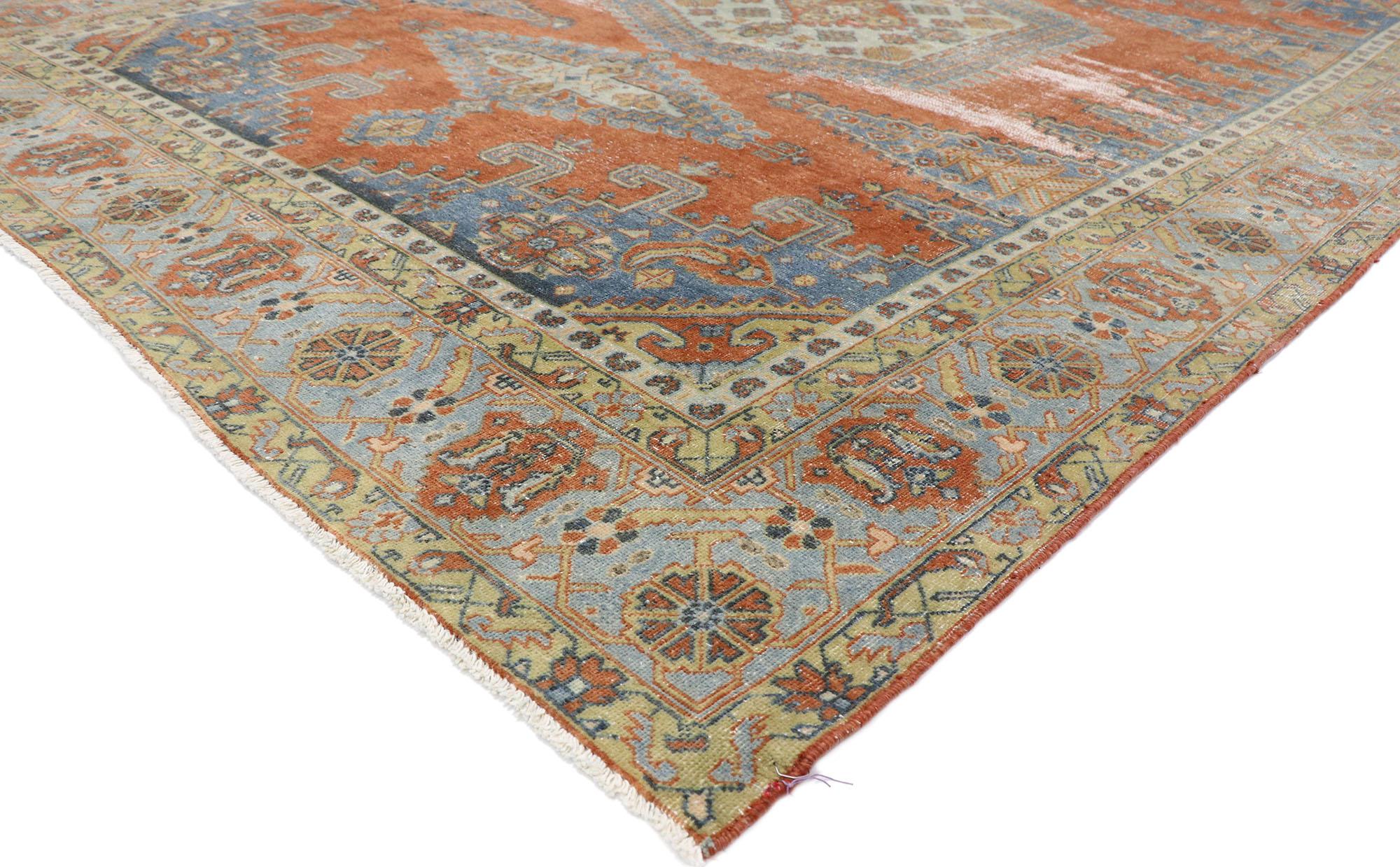 60880 Distressed antique Persian Viss rug with Relaxed Federal style 08'03 x 11'08. Emanating sophistication and nomadic charm with rustic sensibility, this hand knotted wool distressed antique Persian Viss rug beautifully embodies a modern tribal