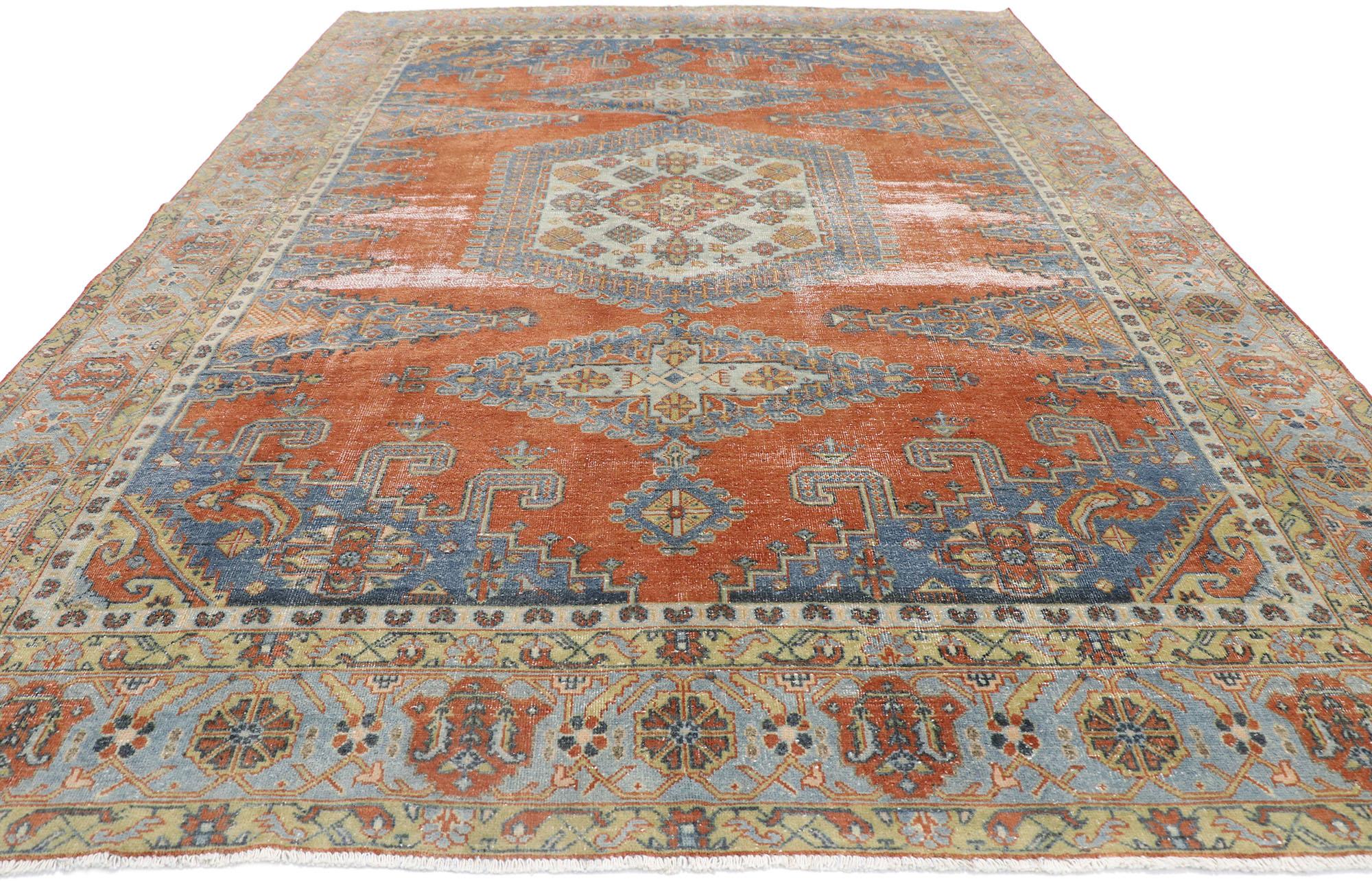 Malayer Distressed Antique Persian Viss Rug with Relaxed Federal Style For Sale