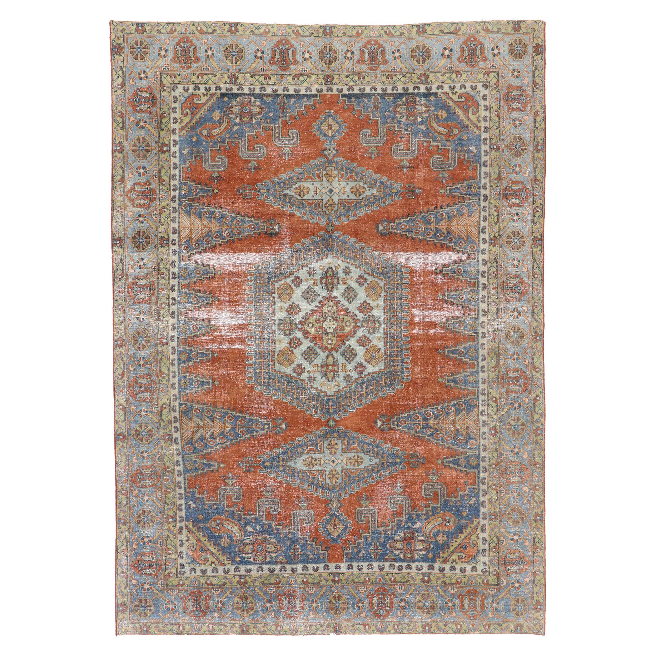 Distressed Antique Persian Viss Rug with Relaxed Federal Style