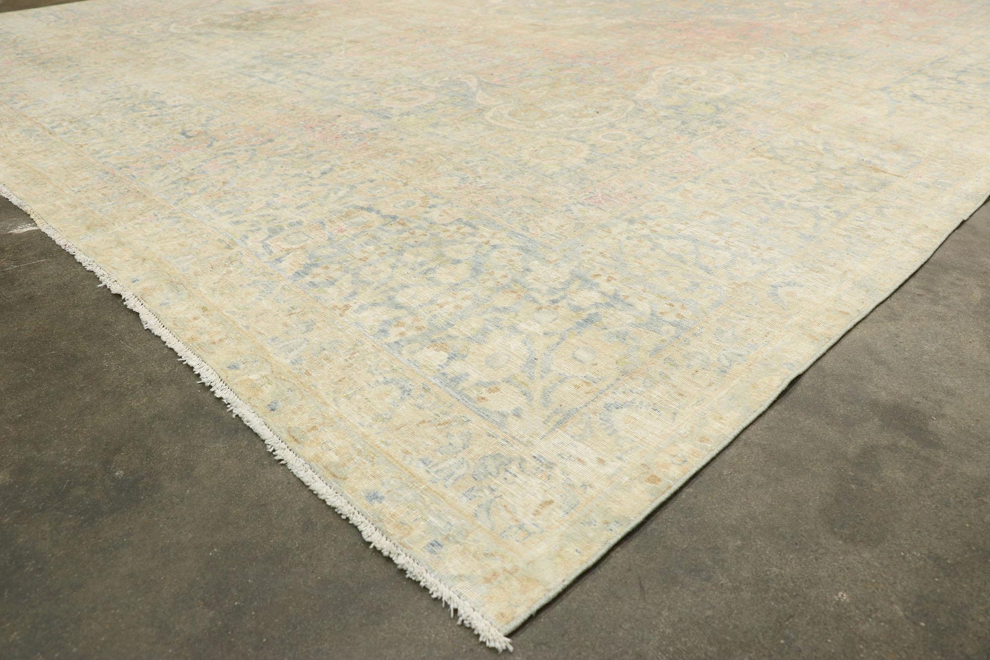 Hand-Knotted Distressed Antique Persian Yazd Rug with Cotswold Country Cottage Style For Sale