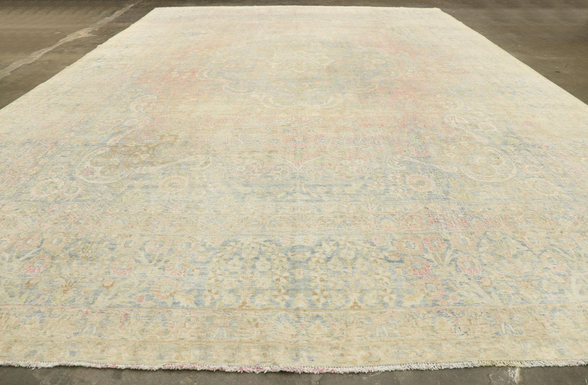 Distressed Antique Persian Yazd Rug with Cotswold Country Cottage Style In Distressed Condition For Sale In Dallas, TX