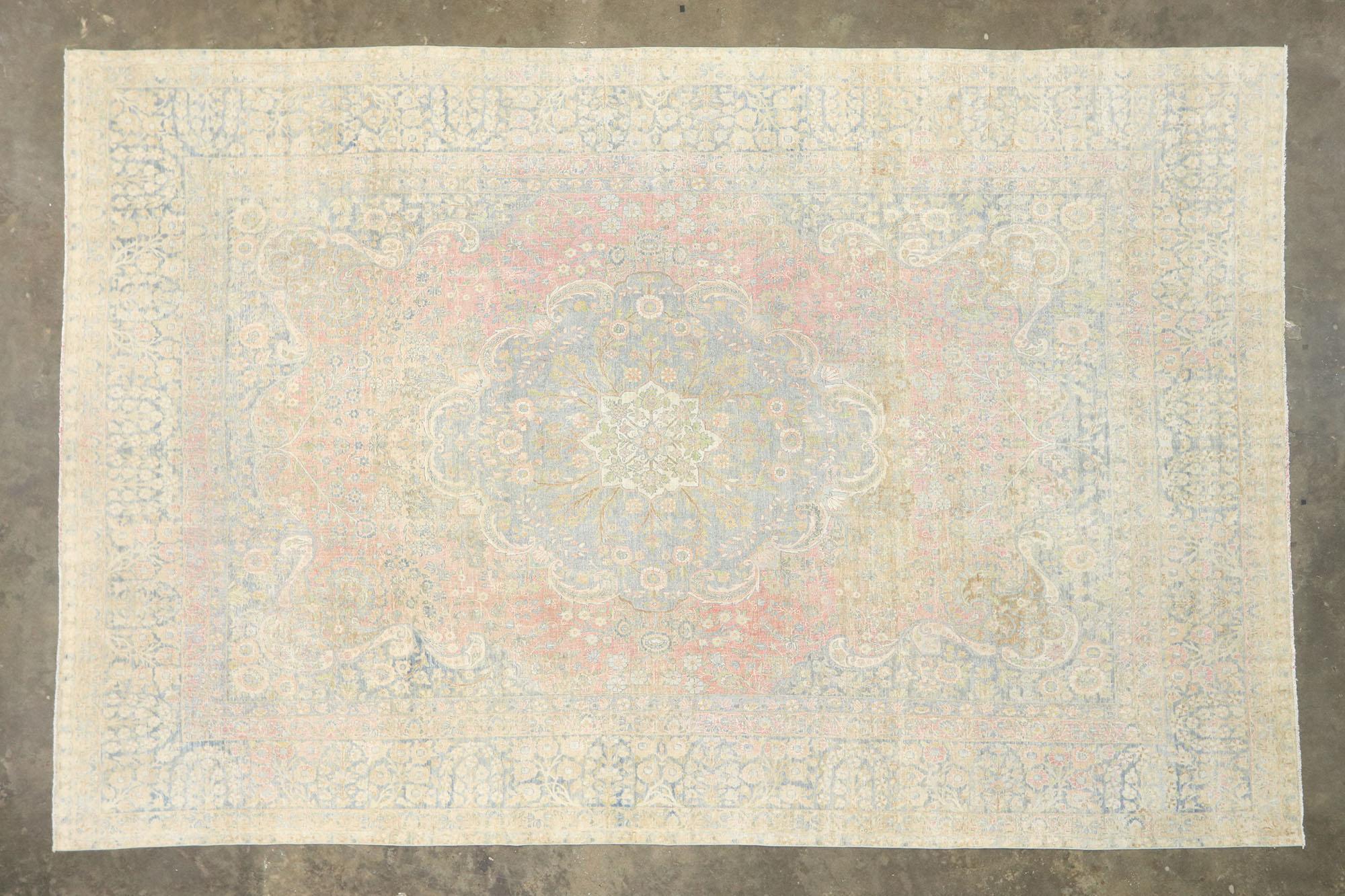 20th Century Distressed Antique Persian Yazd Rug with Cotswold Country Cottage Style For Sale