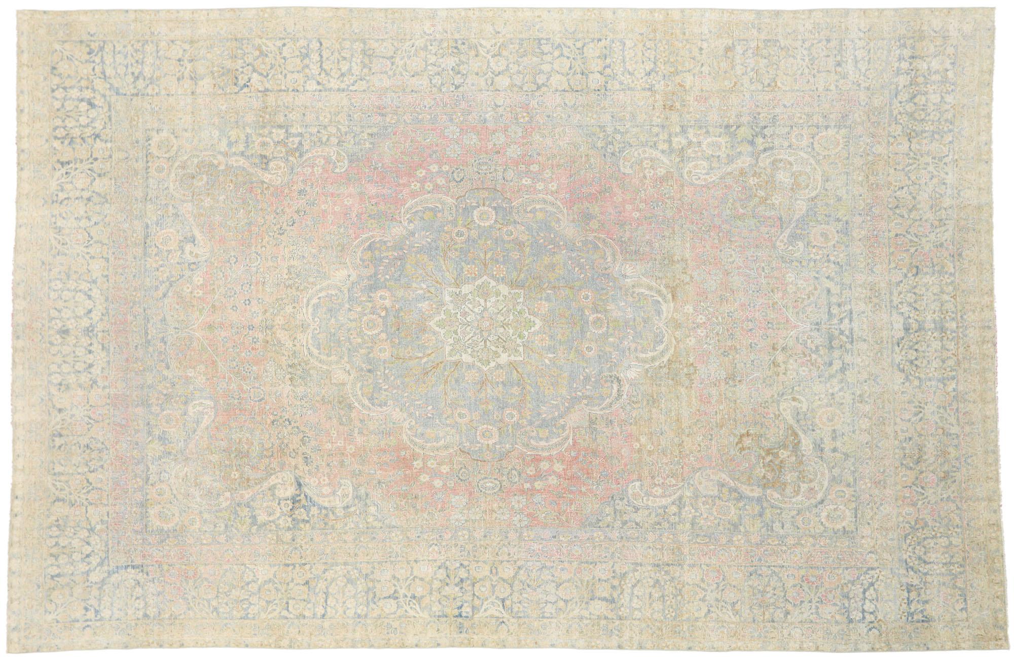 Wool Distressed Antique Persian Yazd Rug with Cotswold Country Cottage Style For Sale