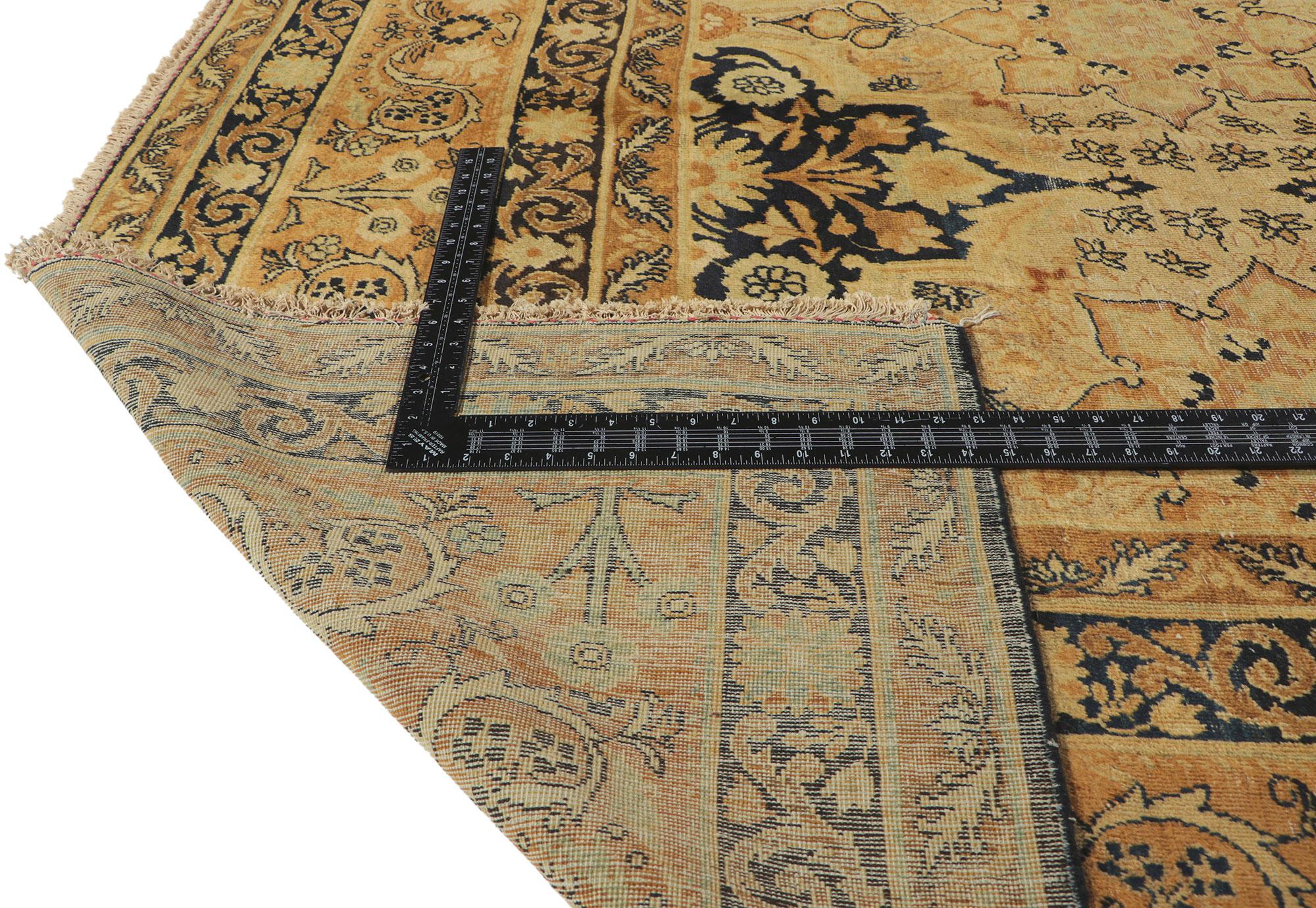 20th Century Distressed Antique Persian Yazd Rug with Rustic Artisan Style For Sale