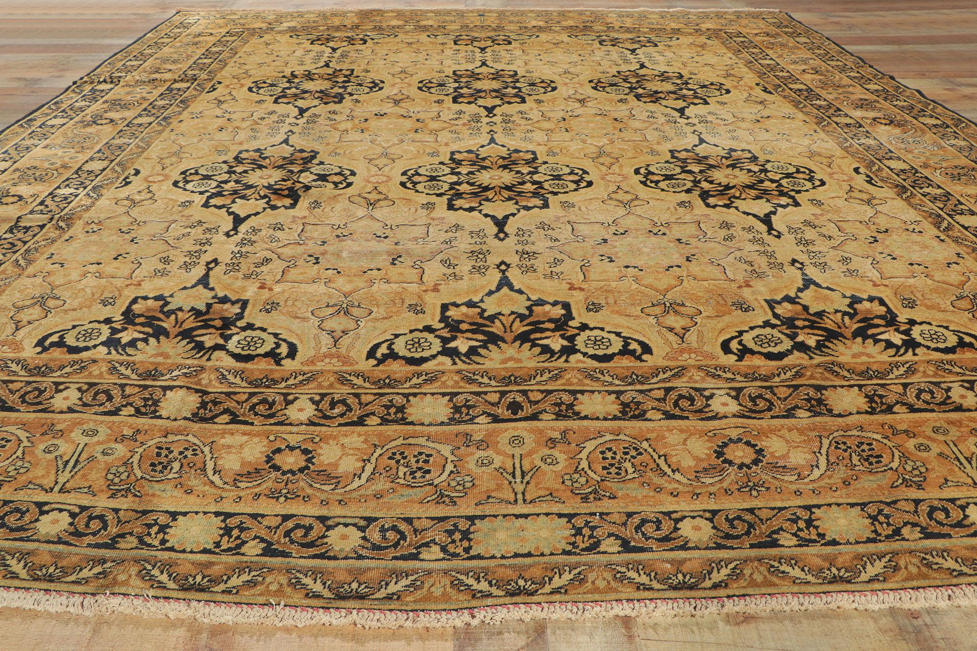 Distressed Antique Persian Yazd Rug with Rustic Artisan Style For Sale 1