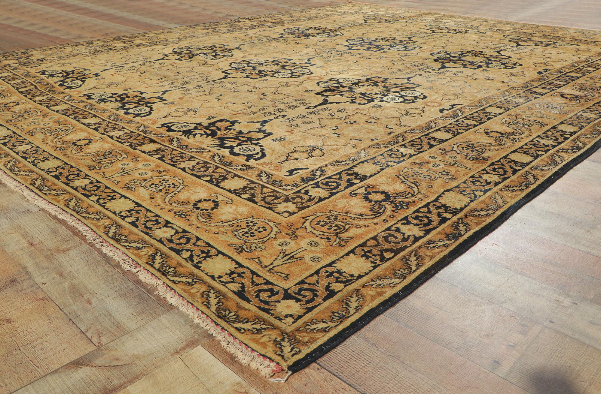 Wool Distressed Antique Persian Yazd Rug with Rustic Artisan Style For Sale