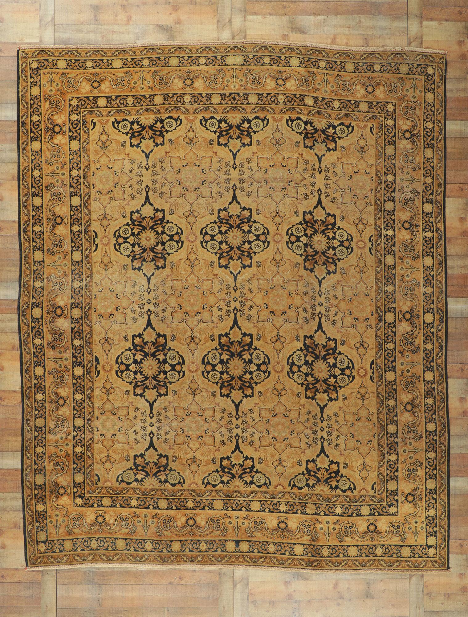 Distressed Antique Persian Yazd Rug with Rustic Artisan Style For Sale 2