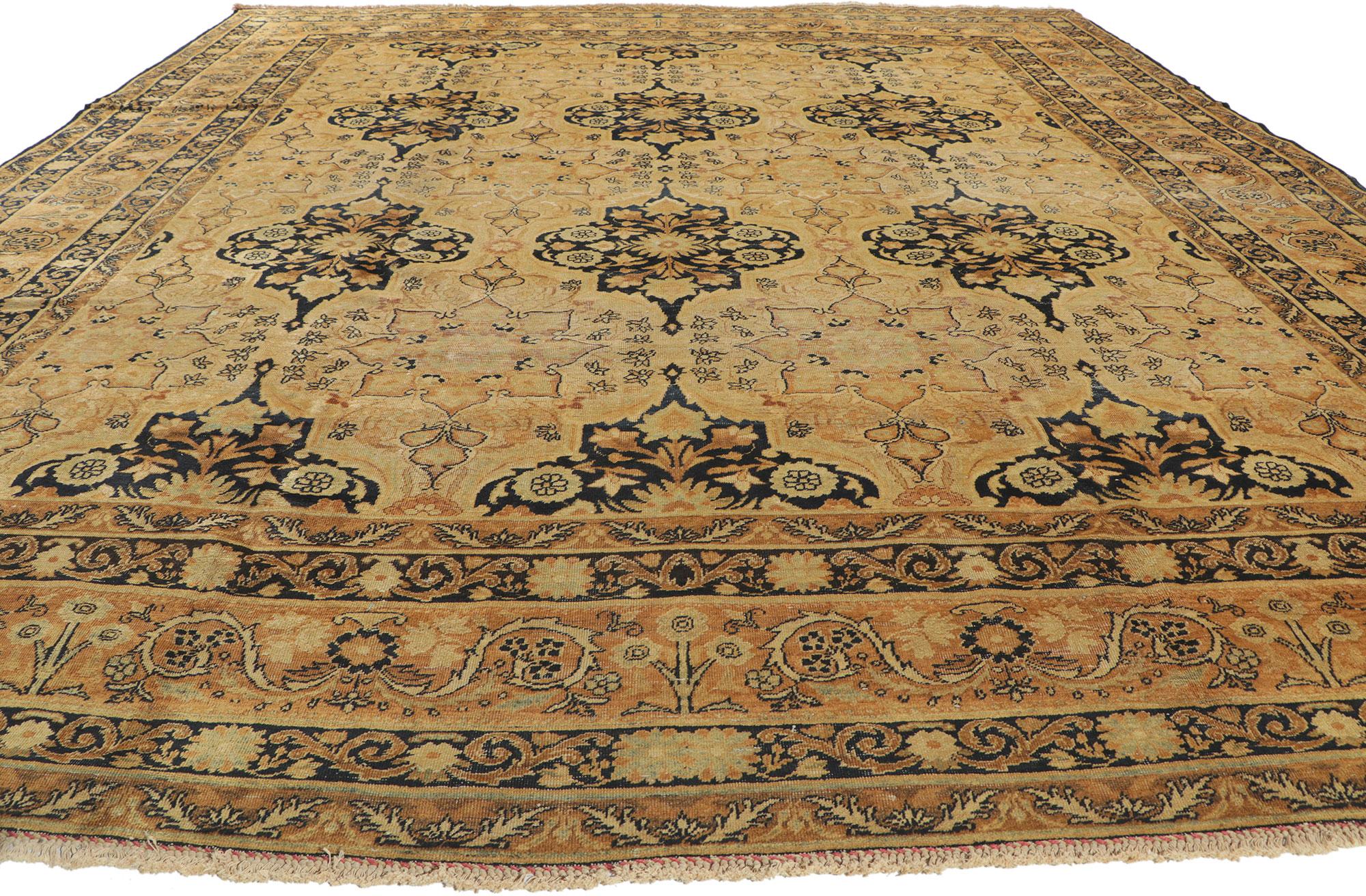 Hand-Knotted Distressed Antique Persian Yazd Rug with Rustic Artisan Style For Sale