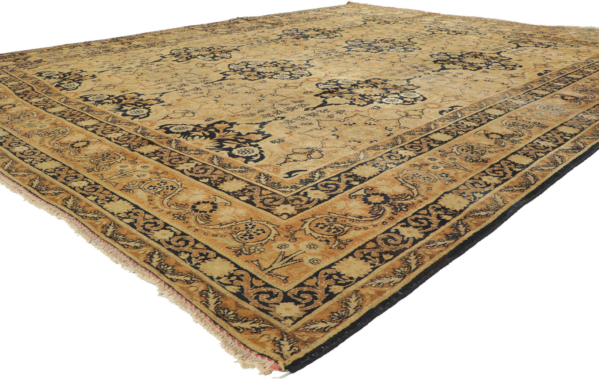 73949 Distressed Antique Persian Yazd Rug, 09'10 x 12'02. Yazd rugs, hailing from the historic city of Yazd nestled in central Iran, have earned renown for their unmatched quality, intricate craftsmanship, and attention to detail. Crafted from the