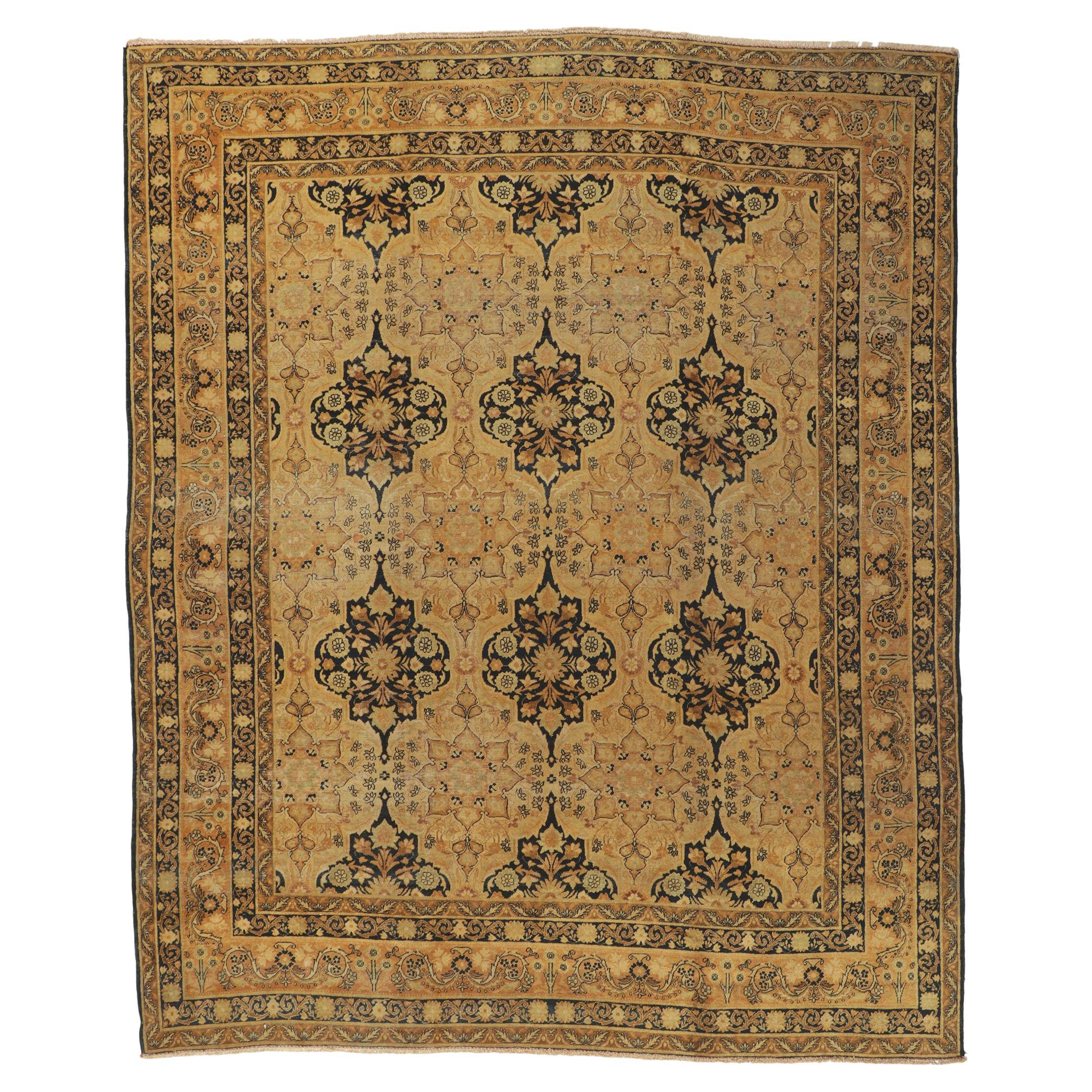 Distressed Antique Persian Yazd Rug with Rustic Artisan Style For Sale