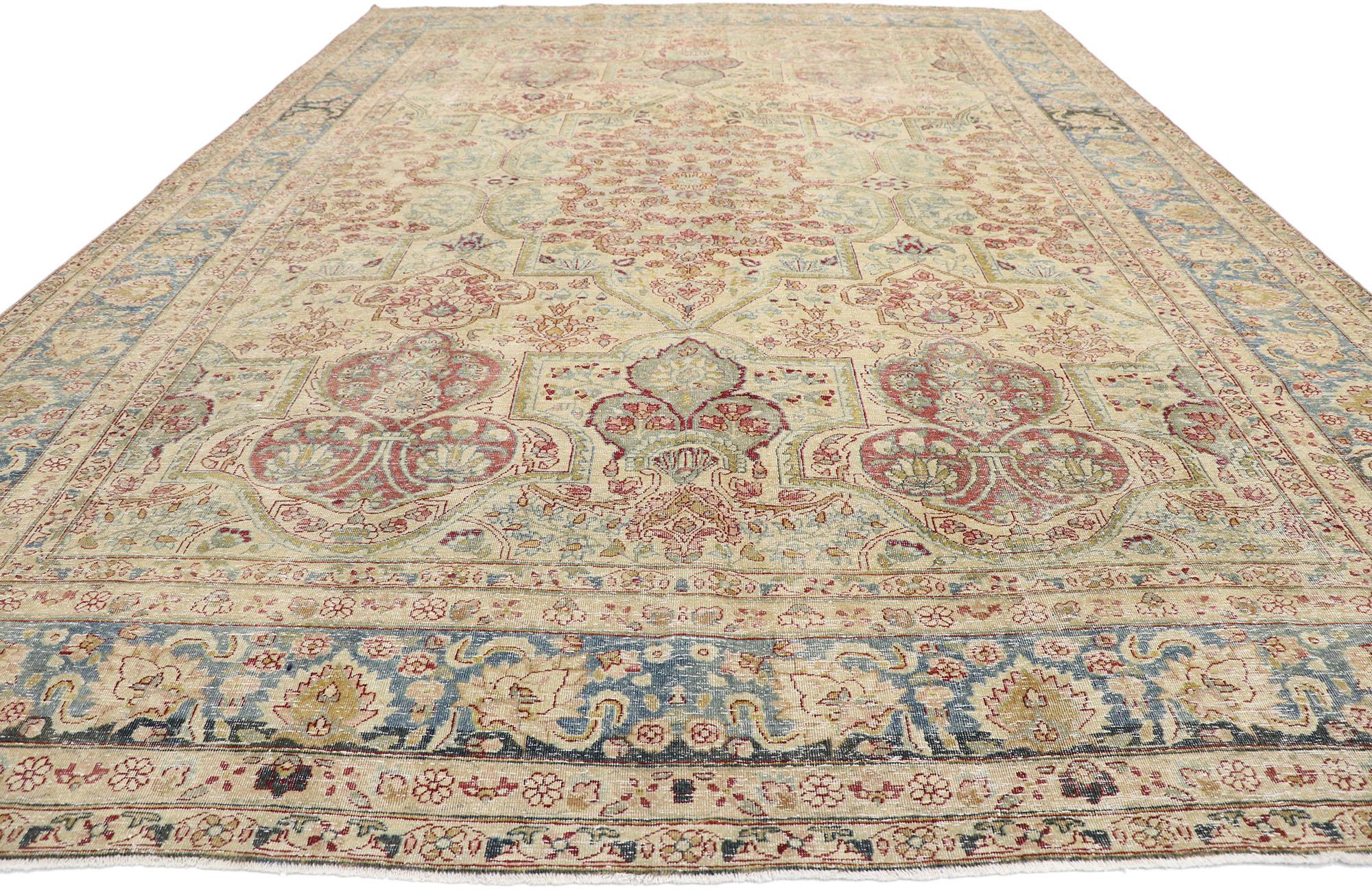 Malayer Distressed Antique Persian Yazd Rug with Rustic English Chintz Style For Sale