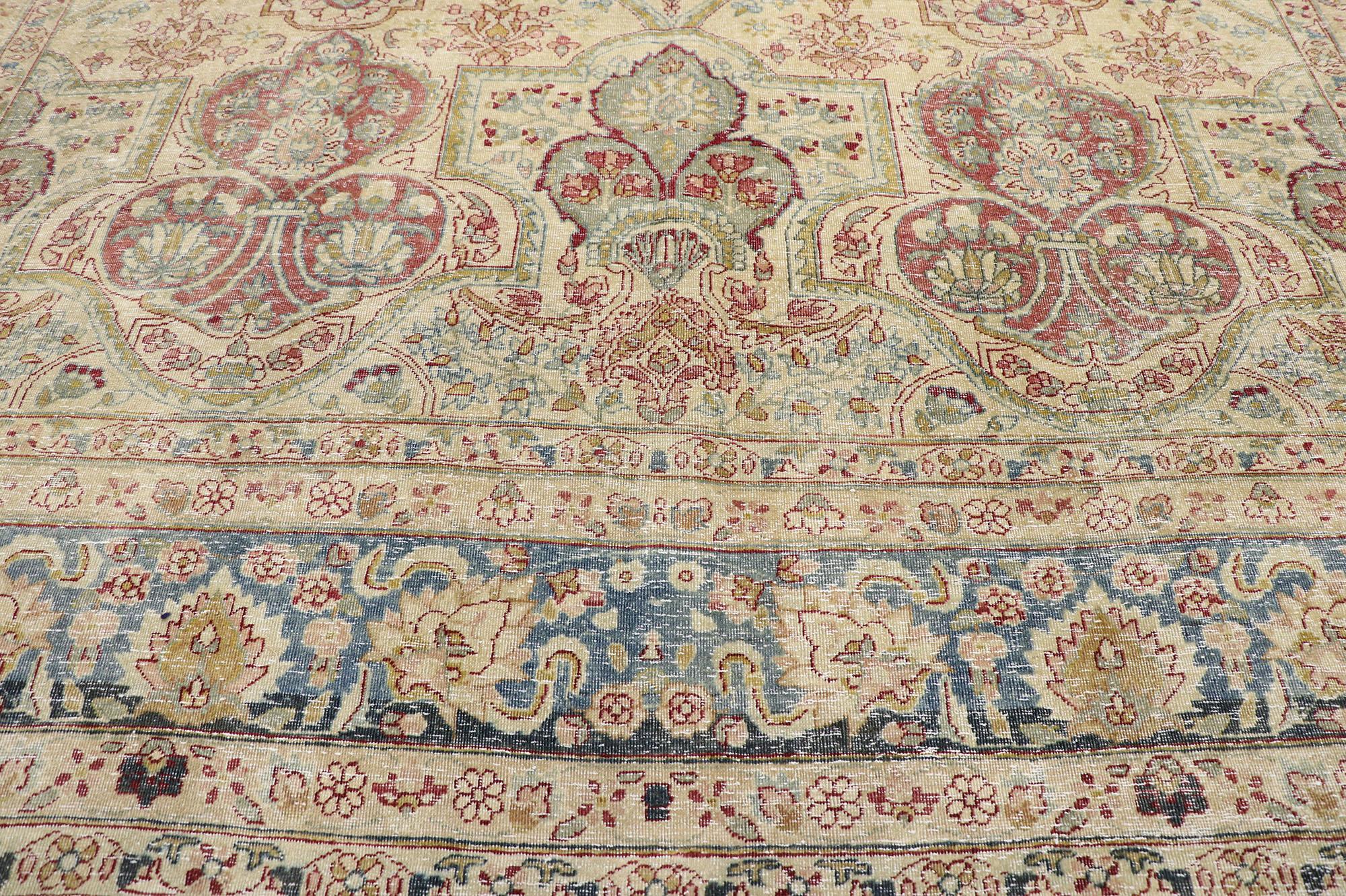 Hand-Knotted Distressed Antique Persian Yazd Rug with Rustic English Chintz Style For Sale