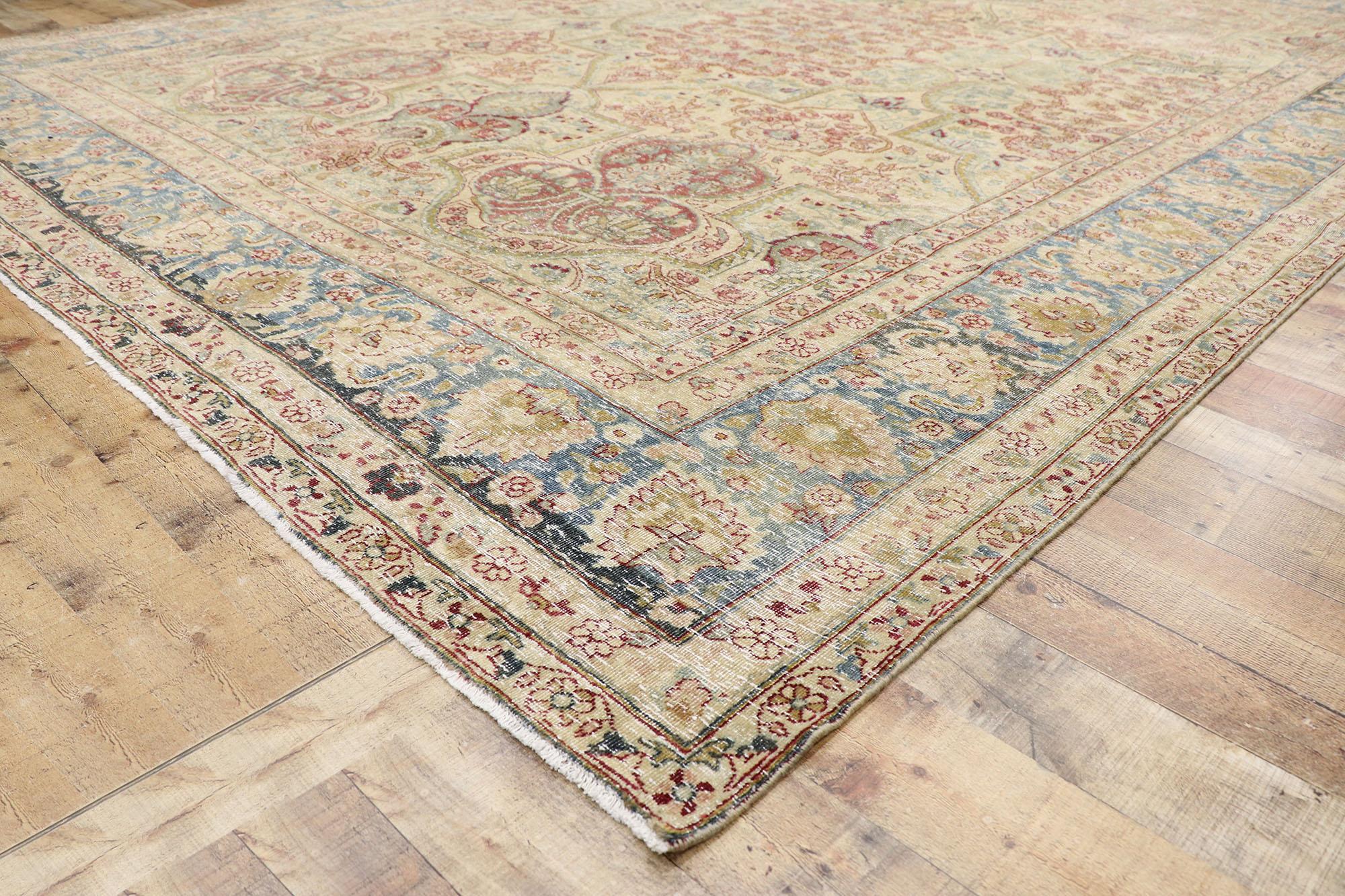 20th Century Distressed Antique Persian Yazd Rug with Rustic English Chintz Style For Sale