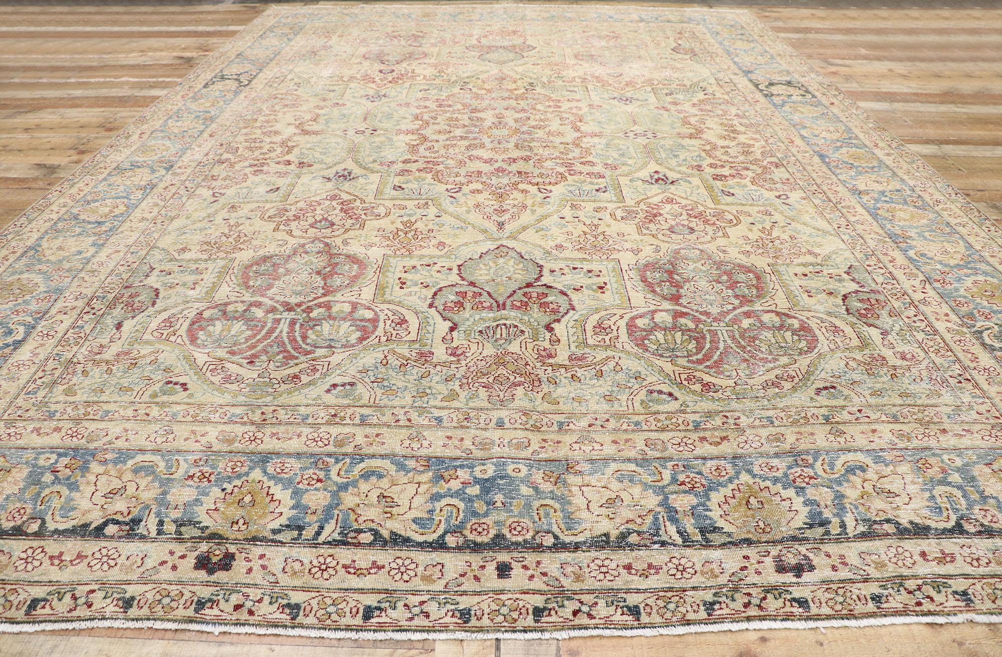 Wool Distressed Antique Persian Yazd Rug with Rustic English Chintz Style For Sale