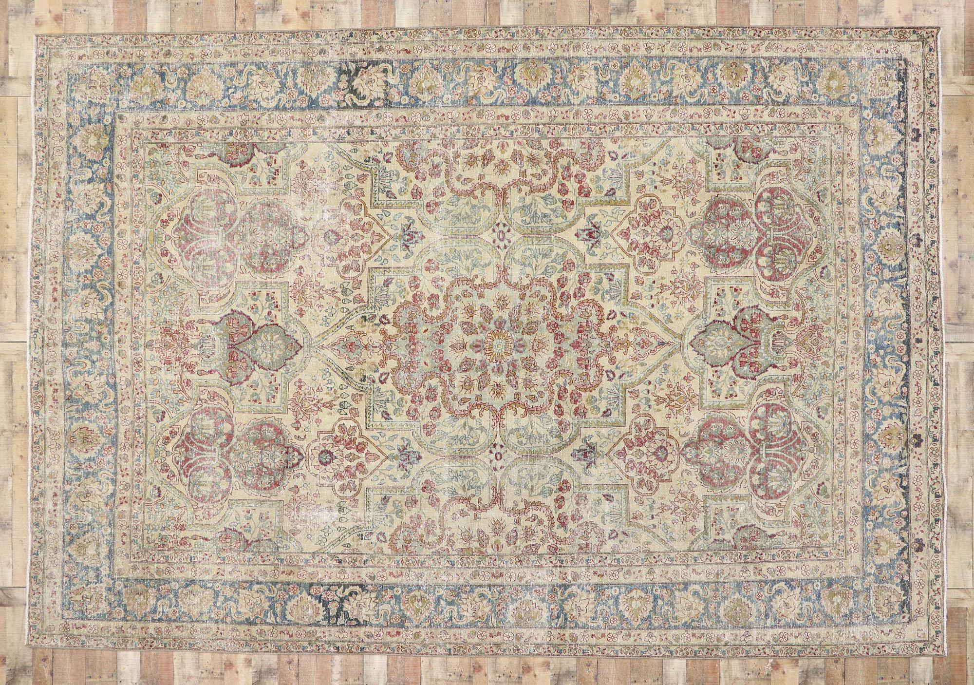 Distressed Antique Persian Yazd Rug with Rustic English Chintz Style For Sale 1