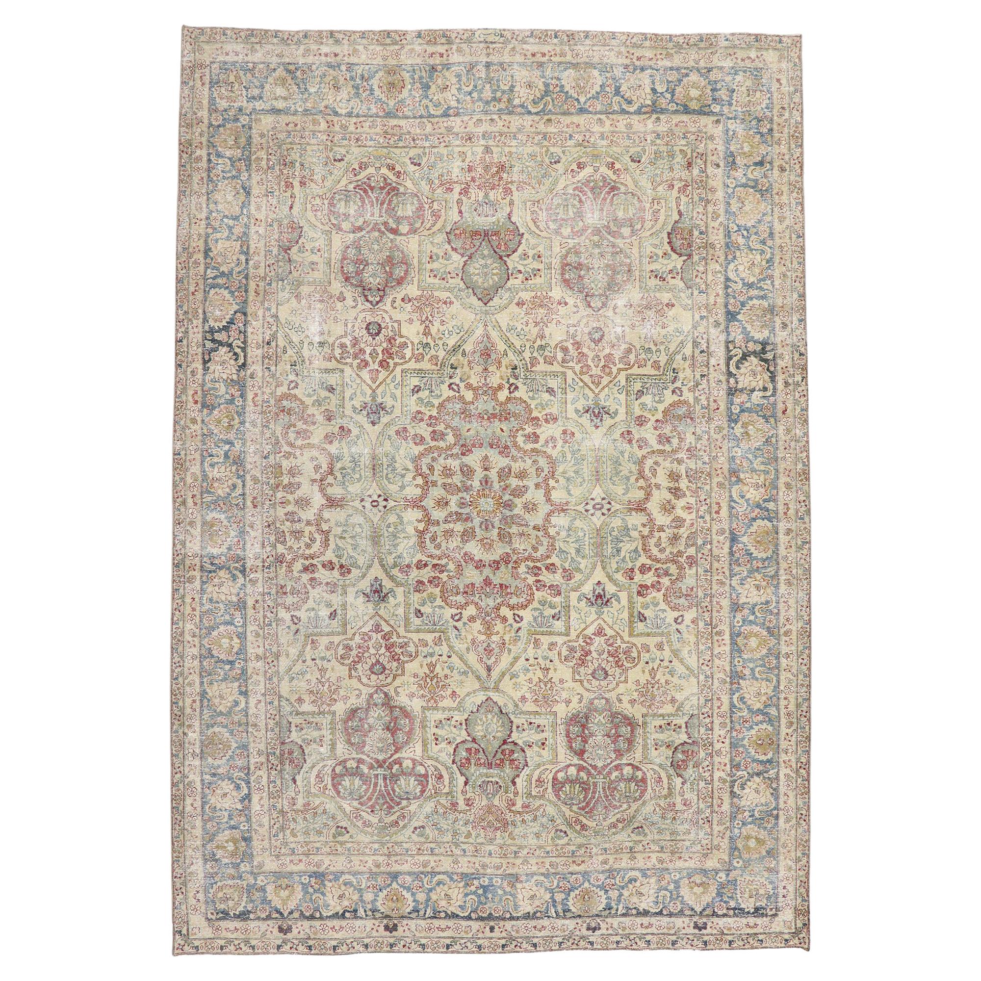 Distressed Antique Persian Yazd Rug with Rustic English Chintz Style For Sale