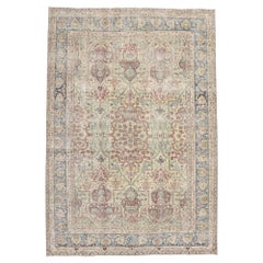 Distressed Antique Persian Yazd Rug with Rustic English Chintz Style