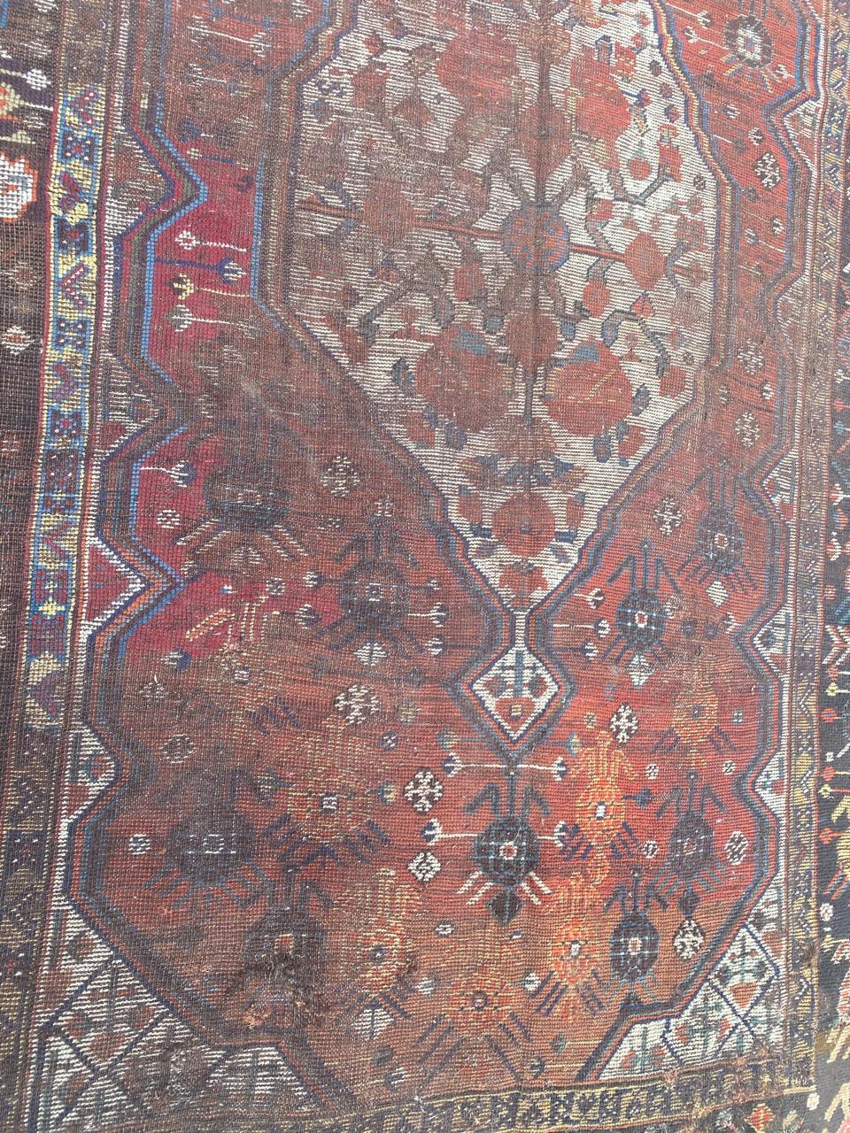 Tribal Bobyrug’s Distressed Antique Shiraz Rug For Sale