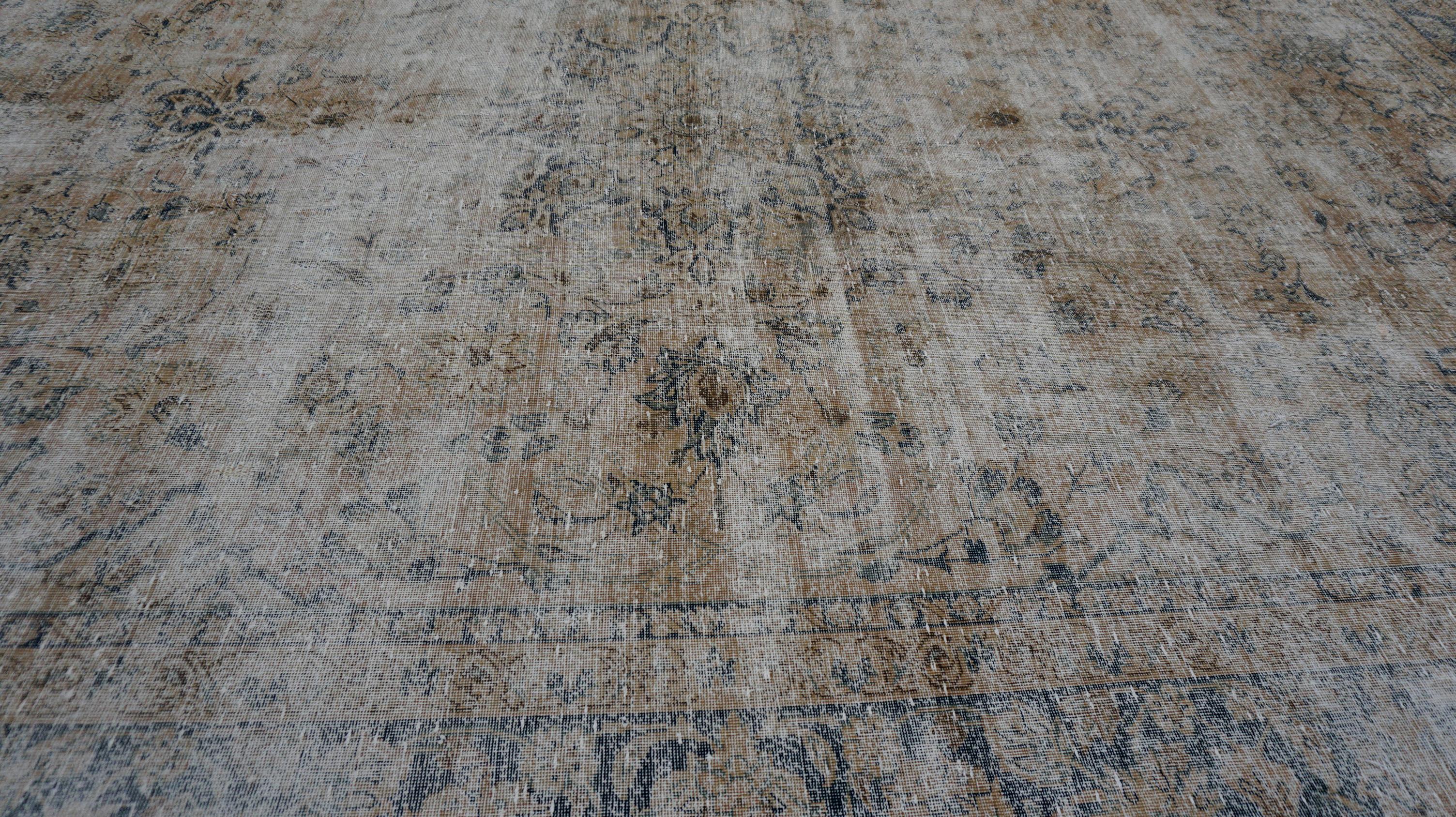 Distressed Antique Tabriz Warm Neutral Wool Rug 8'2''x11'6'' In Good Condition For Sale In Torrance, CA
