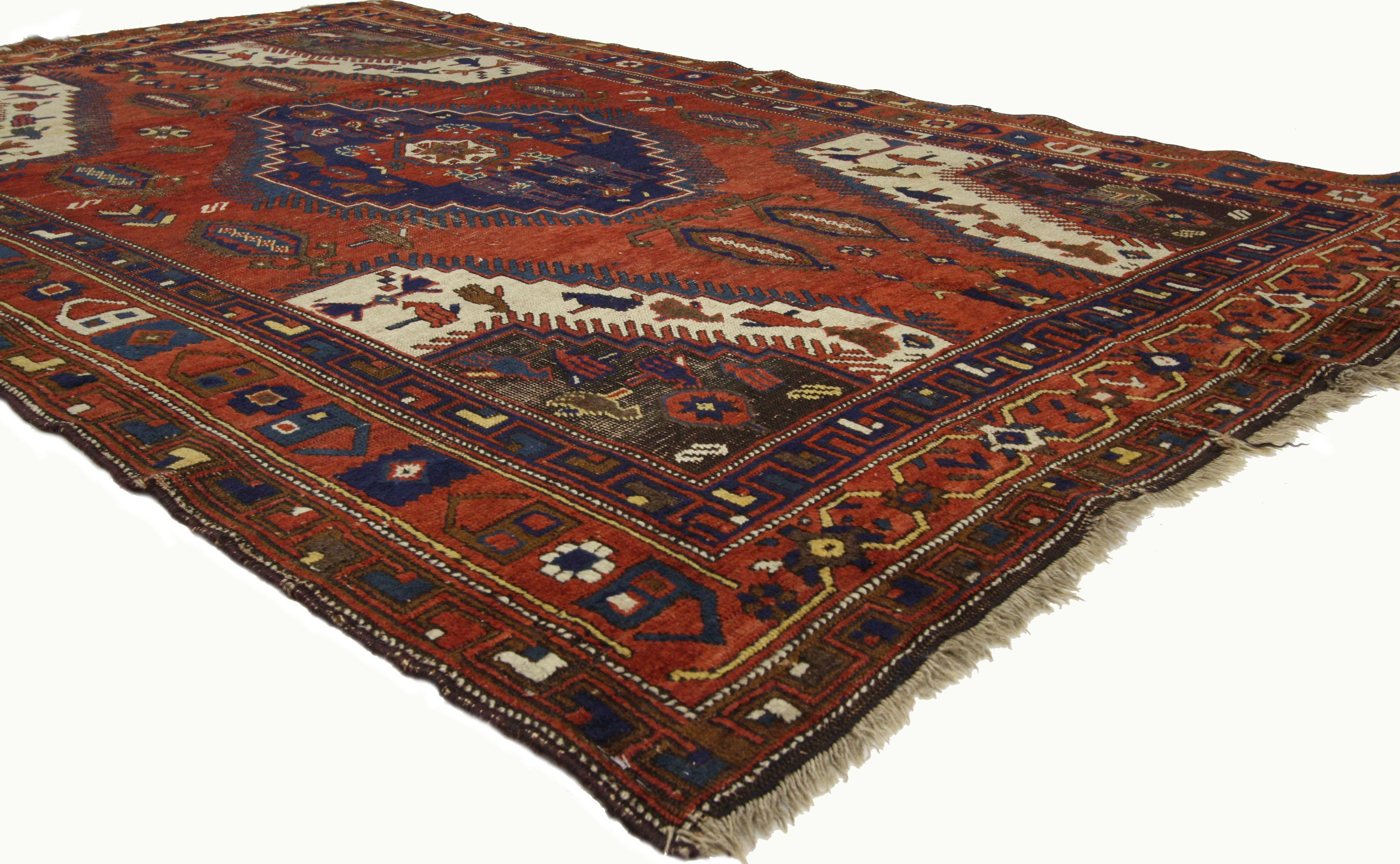 Hand-Knotted Distressed Antique Turkish Bergama Rug with Adirondack Style