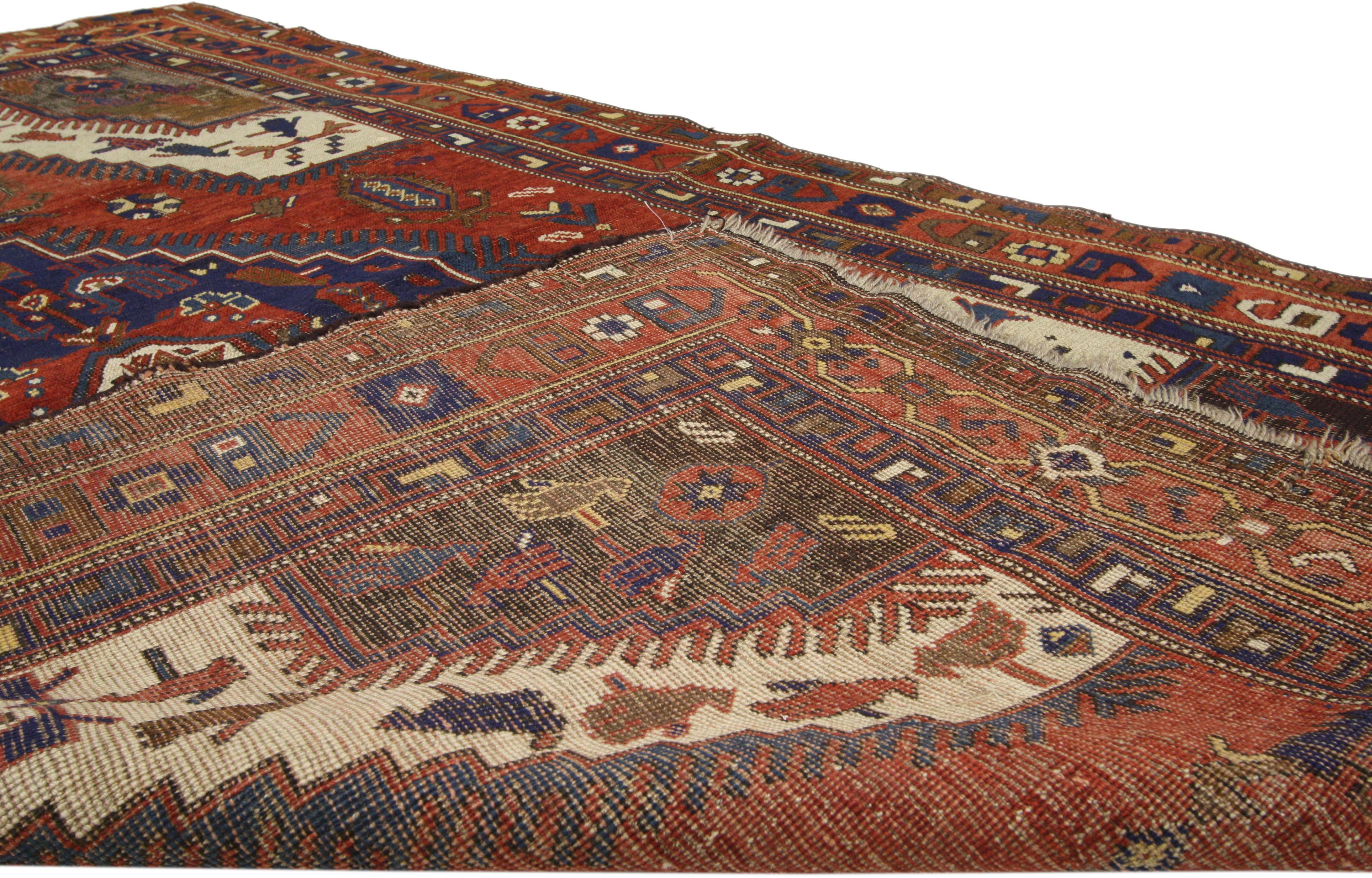 Distressed Antique Turkish Bergama Rug with Adirondack Style In Distressed Condition In Dallas, TX