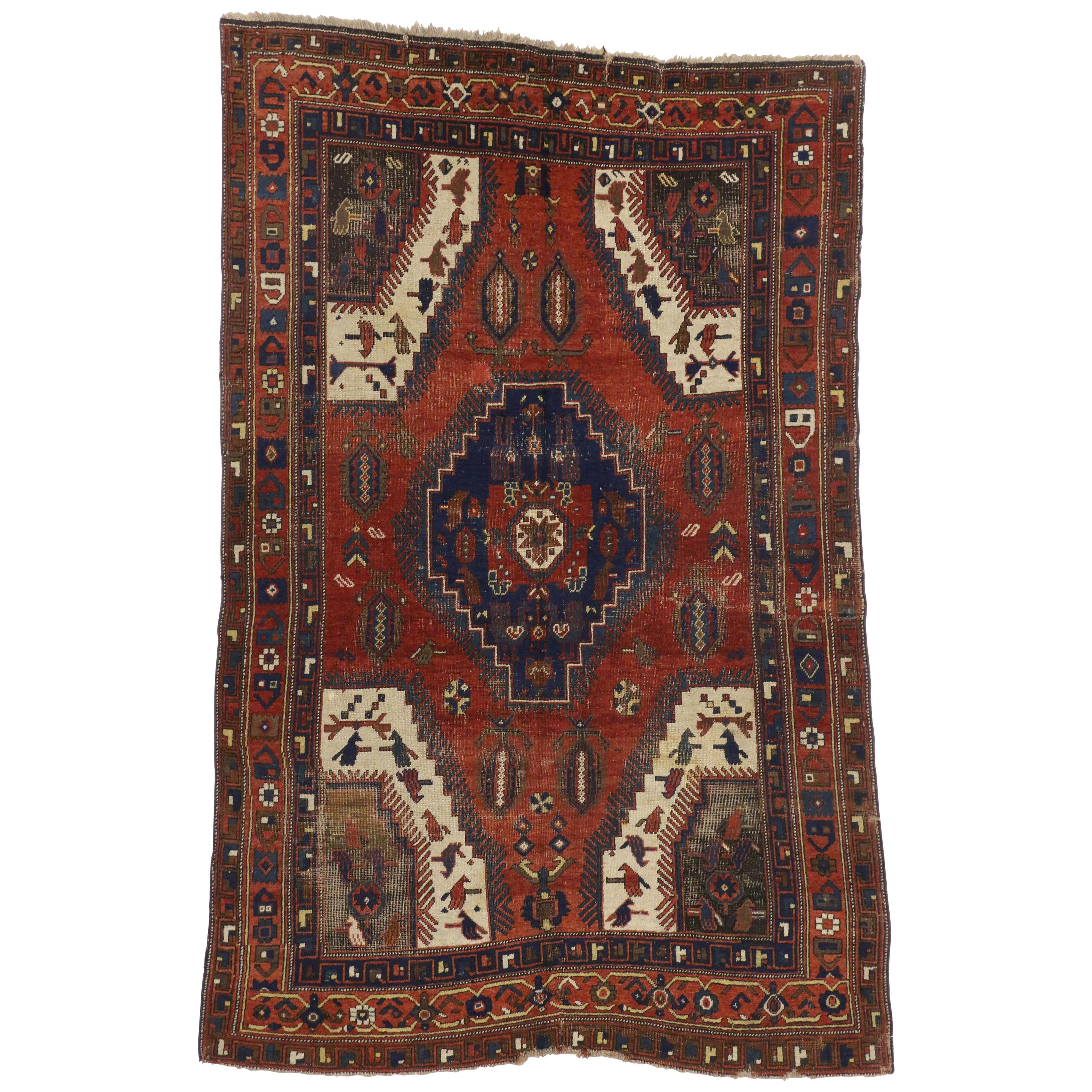 Distressed Antique Turkish Bergama Rug with Adirondack Style