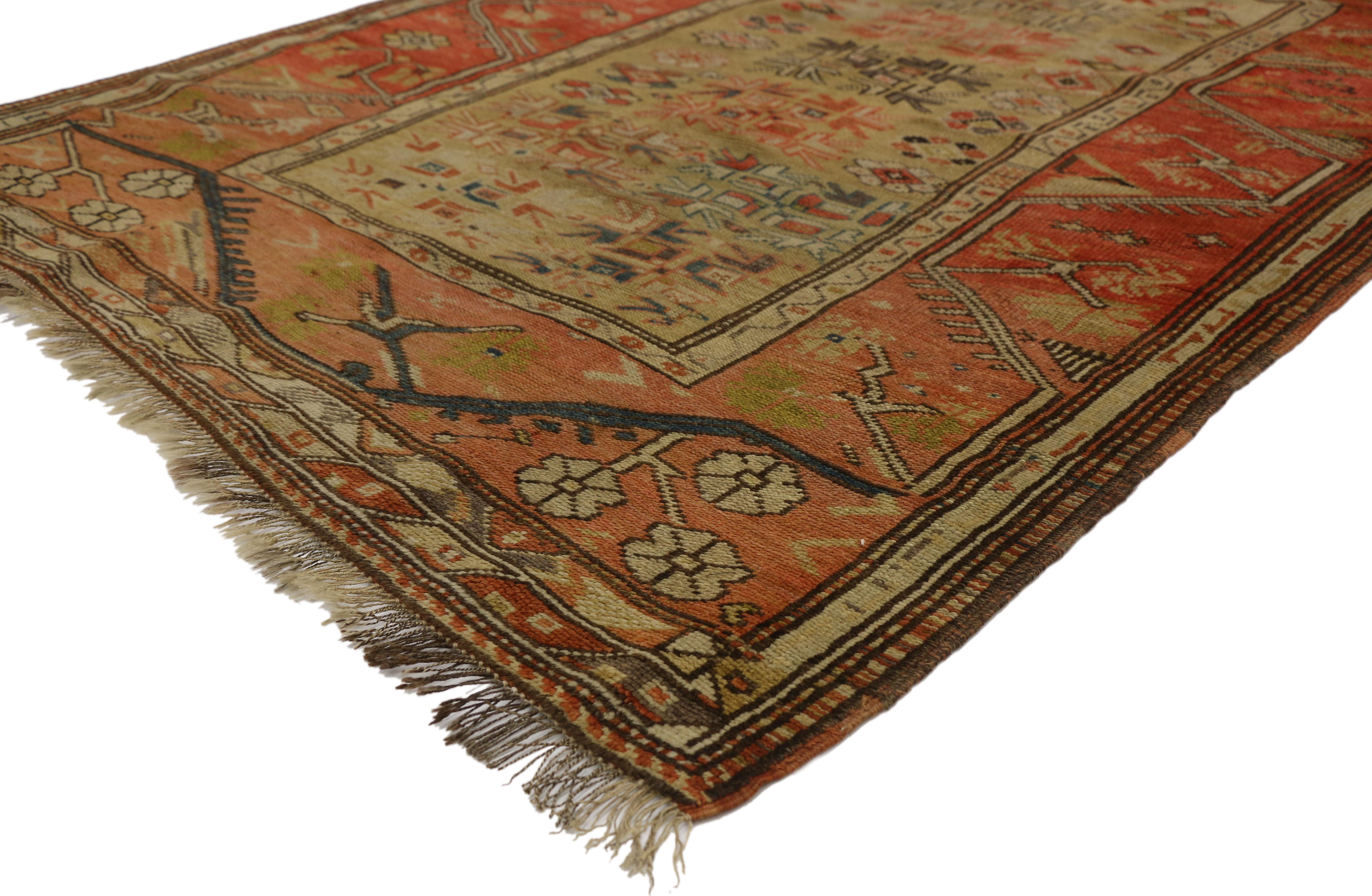 77324 Distressed Antique Turkish Oushak Accent Rug with Rustic Arts & Crafts Style 04'01 x 05'04. Highlighting modern design aesthetics and subdued elegance with a pop of color, this late 19th century antique Oushak rug beautifully embodies rustic