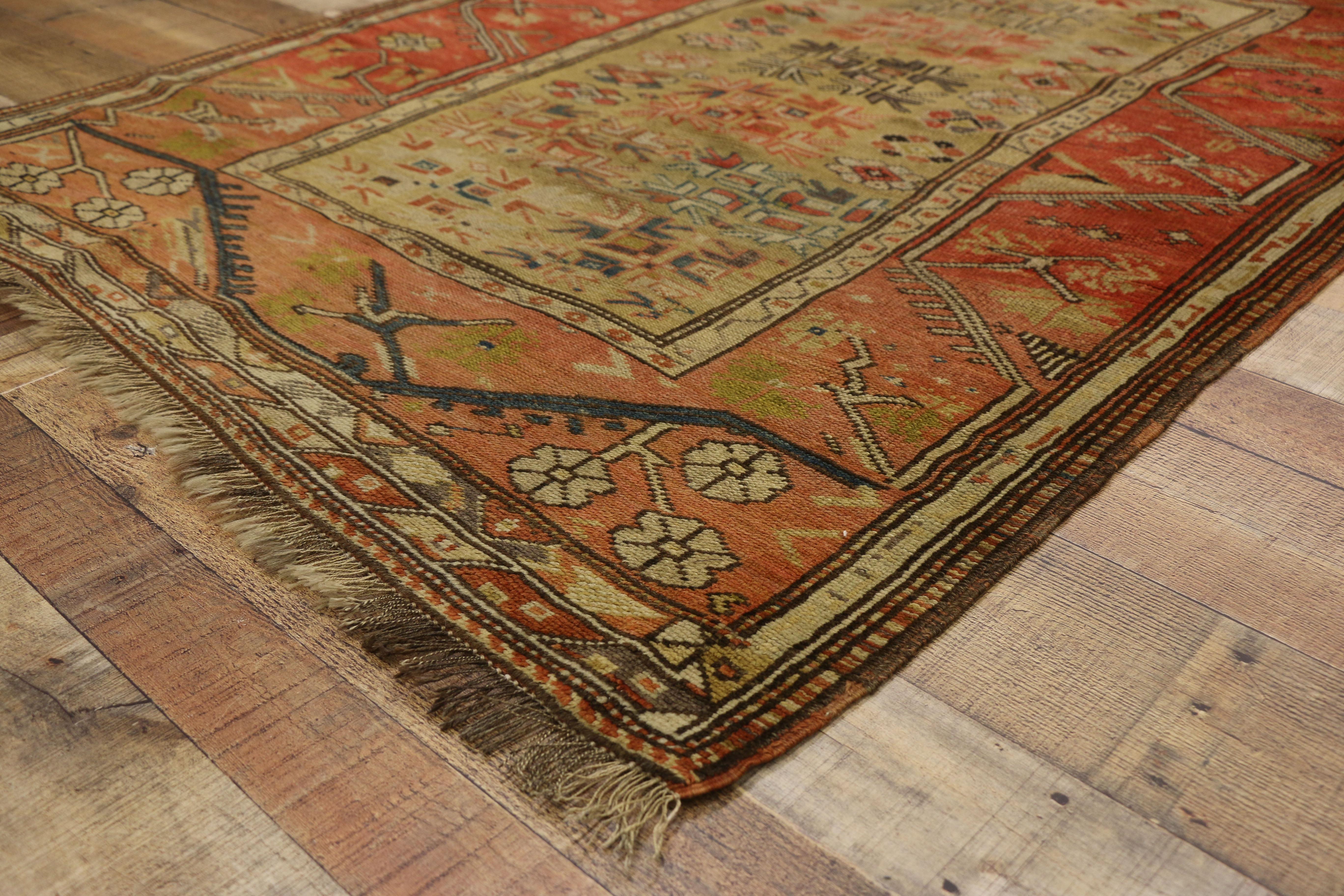 19th Century Distressed Antique Turkish Oushak Accent Rug with Rustic Arts & Crafts Style
