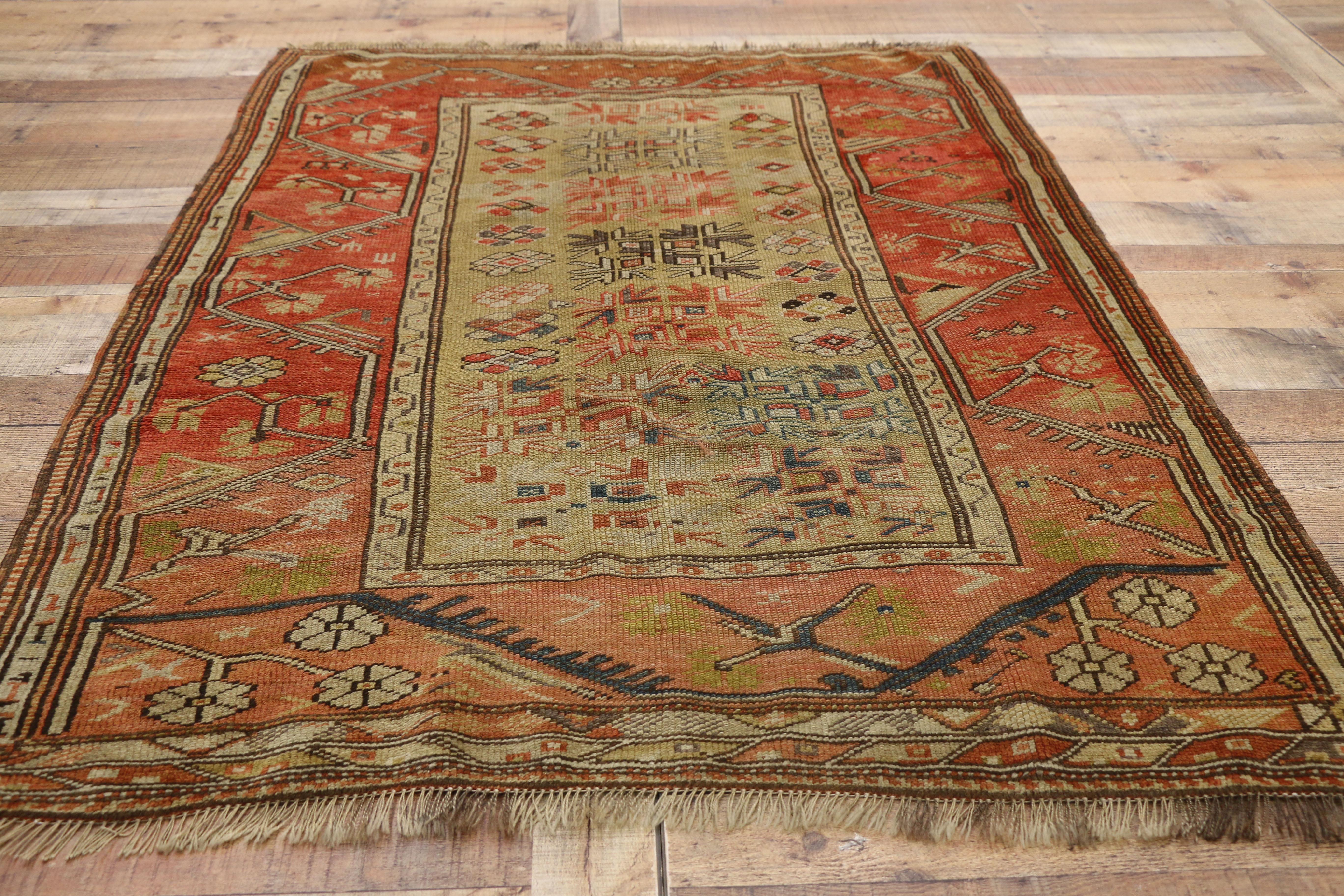 Wool Distressed Antique Turkish Oushak Accent Rug with Rustic Arts & Crafts Style