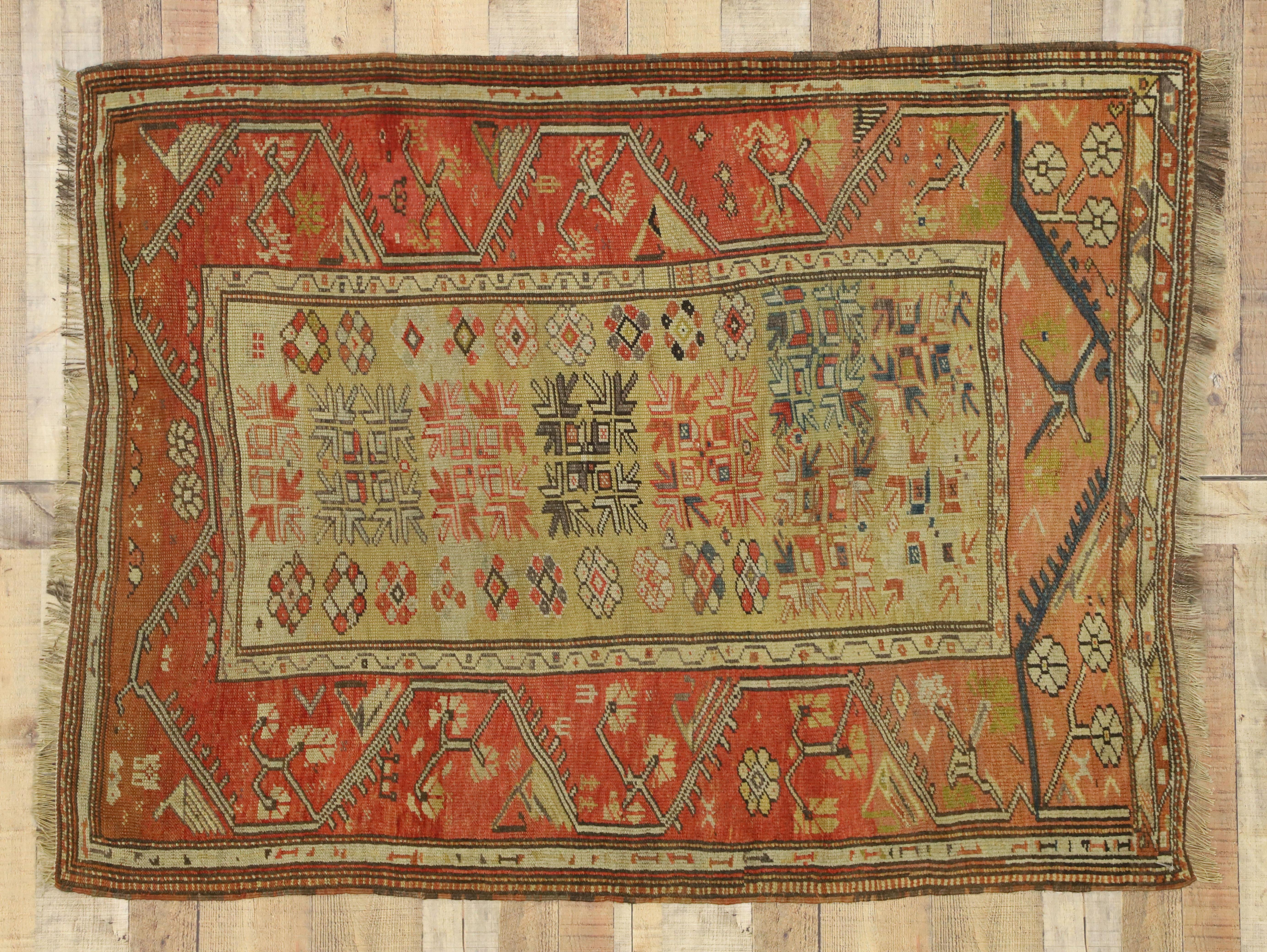 Distressed Antique Turkish Oushak Accent Rug with Rustic Arts & Crafts Style 1