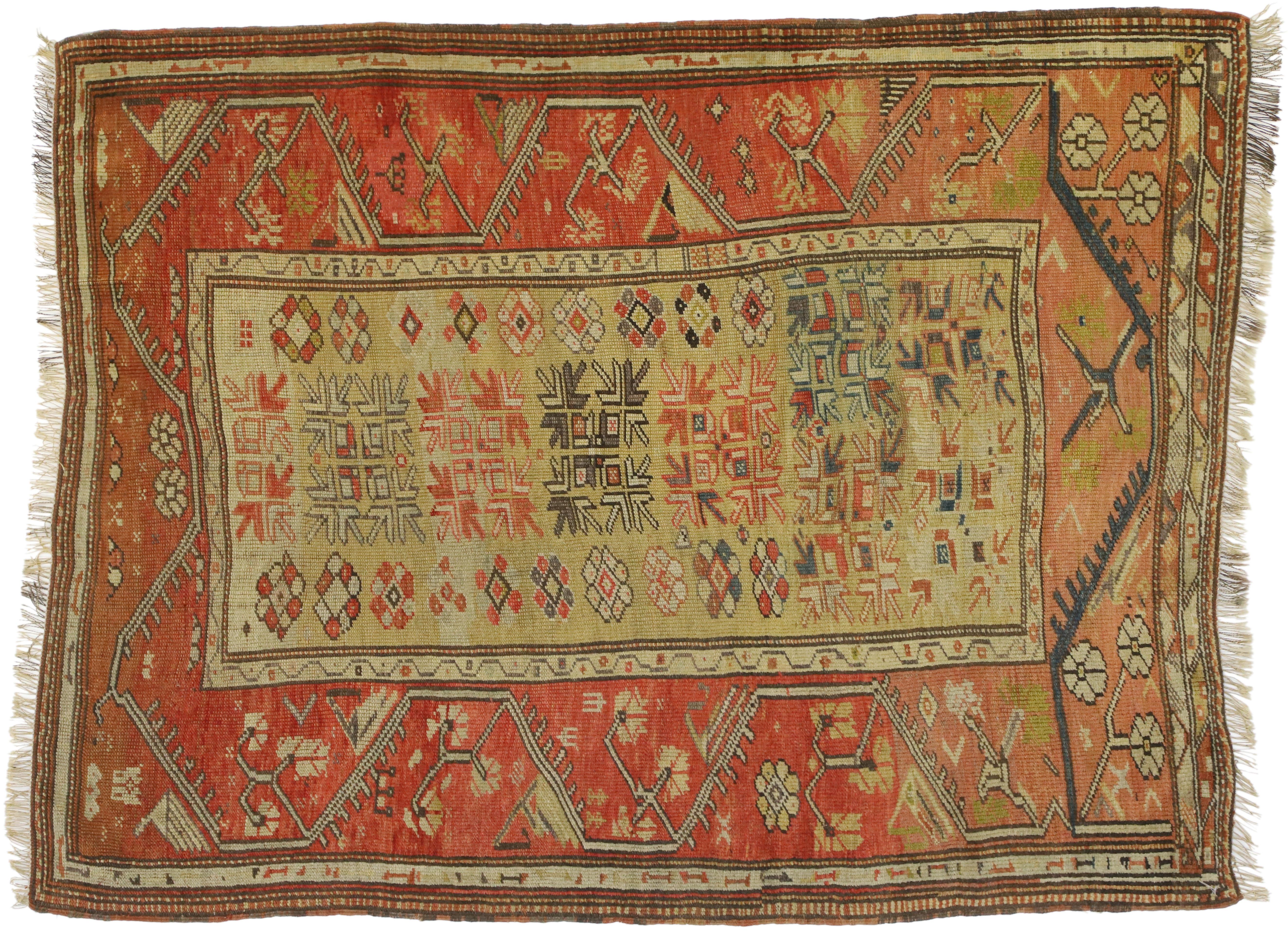 Distressed Antique Turkish Oushak Accent Rug with Rustic Arts & Crafts Style 2