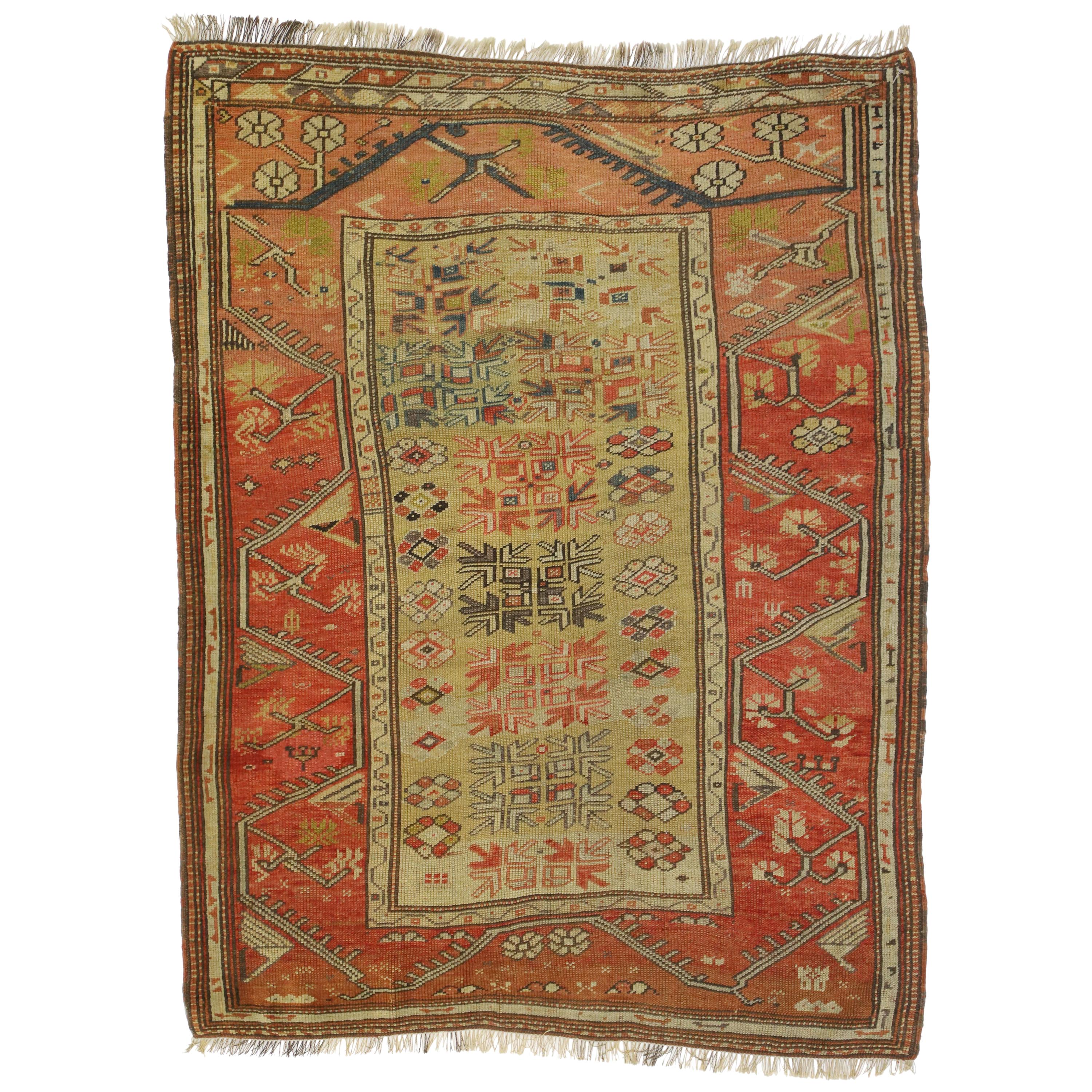 Distressed Antique Turkish Oushak Accent Rug with Rustic Arts & Crafts Style