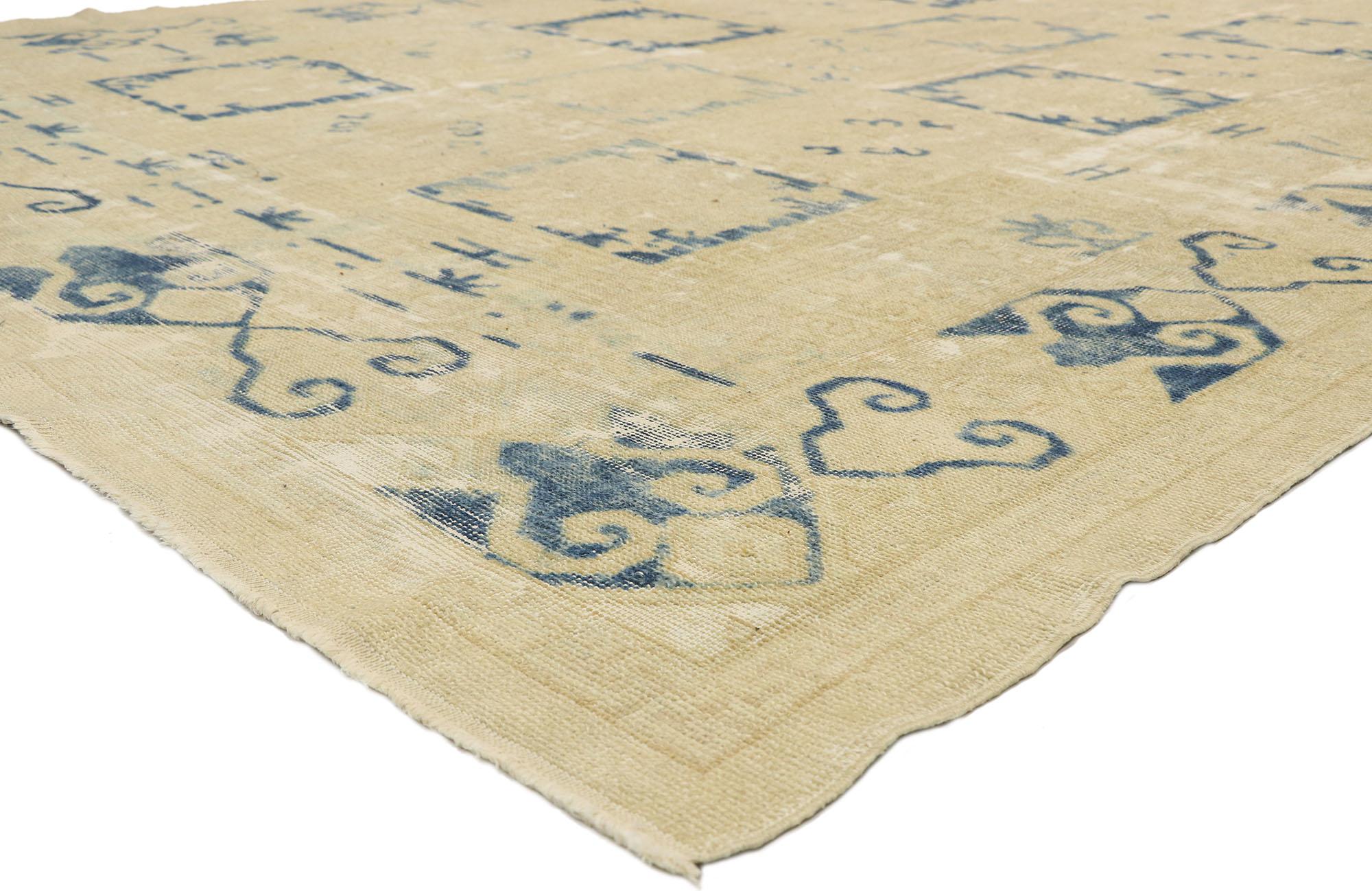 51592 distressed antique Turkish Oushak Area rug with Modern Mediterranean Greek style. With its warm beige and blue hues inspired by modern Mediterranean vibes, this hand knotted wool distressed antique Turkish Oushak rug is well-balanced and