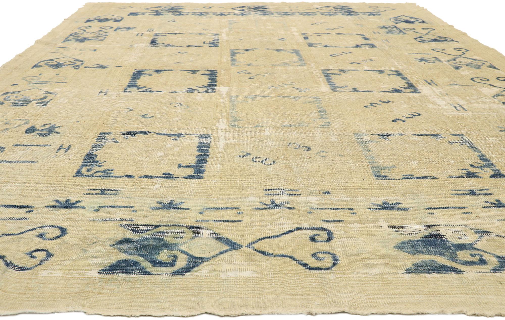 Hand-Knotted Distressed Antique Turkish Oushak Area Rug with Modern Mediterranean Greek Style For Sale