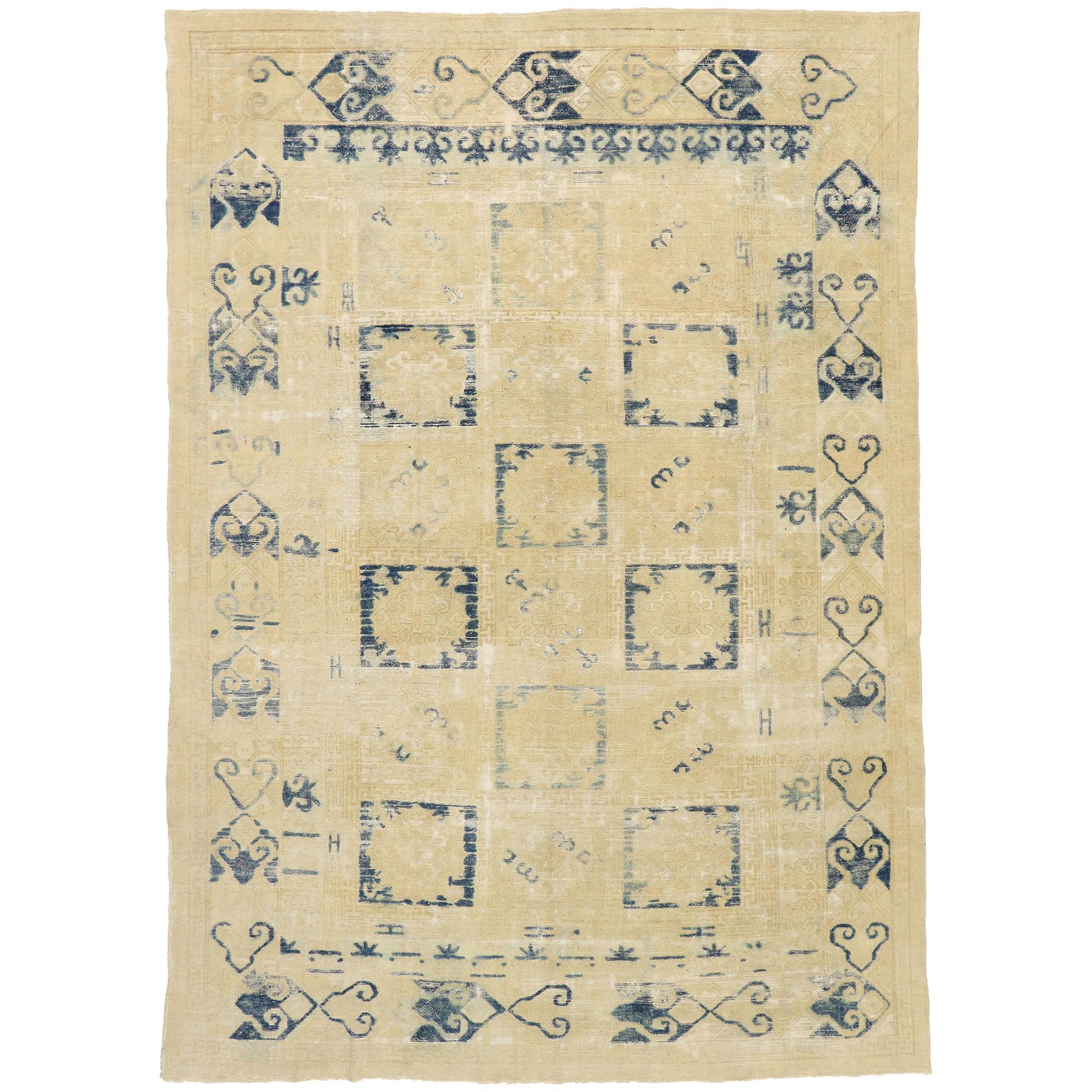Distressed Antique Turkish Oushak Area Rug with Modern Mediterranean Greek Style For Sale