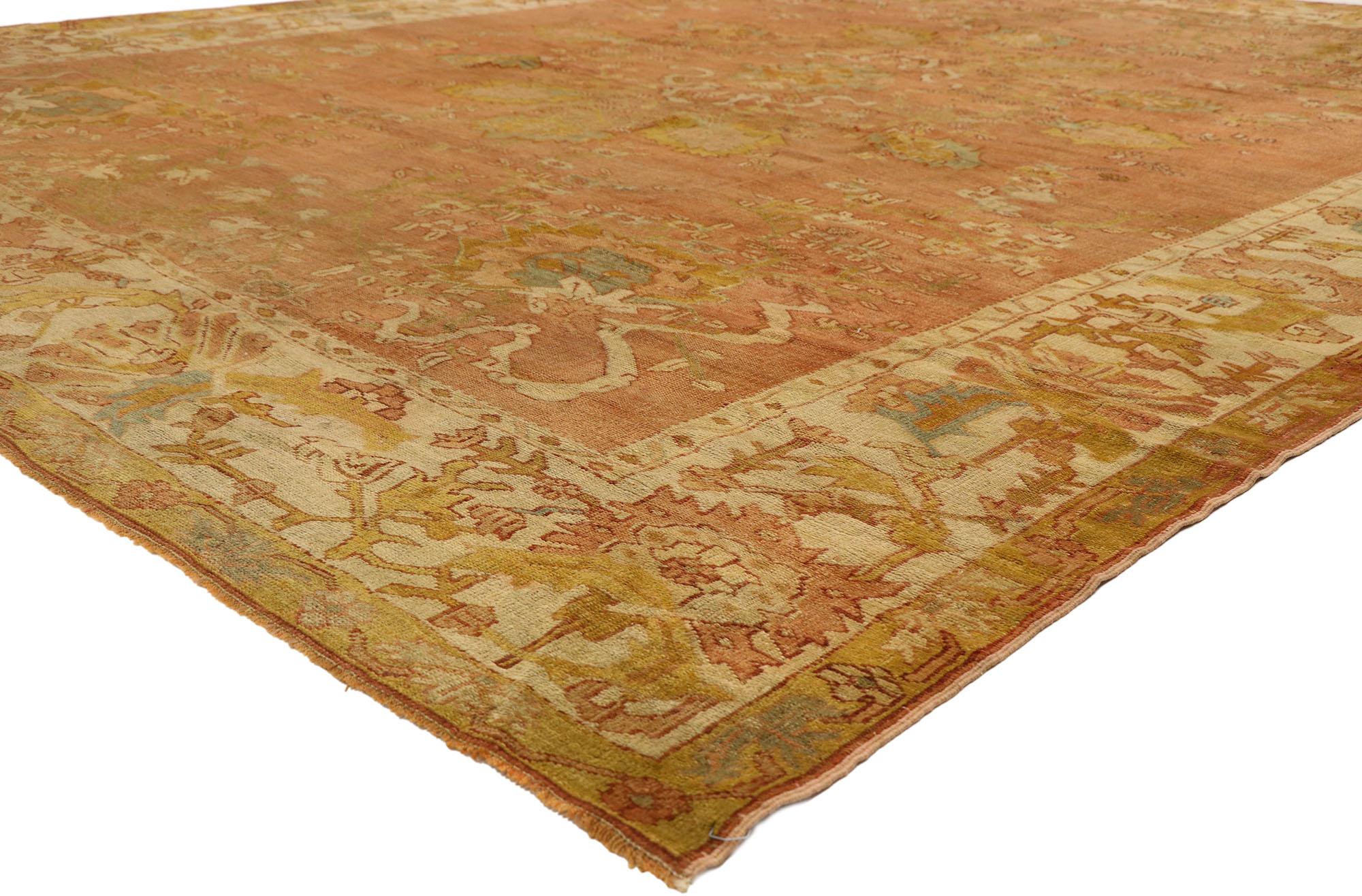 51231, distressed antique Turkish Oushak Area rug with rustic neoclassical style 10 x 12'05. Showcasing a timeless design and beguiling beauty, this hand knotted wool antique Turkish Oushak rug imparts a sense of warmth and welcomed informality. It