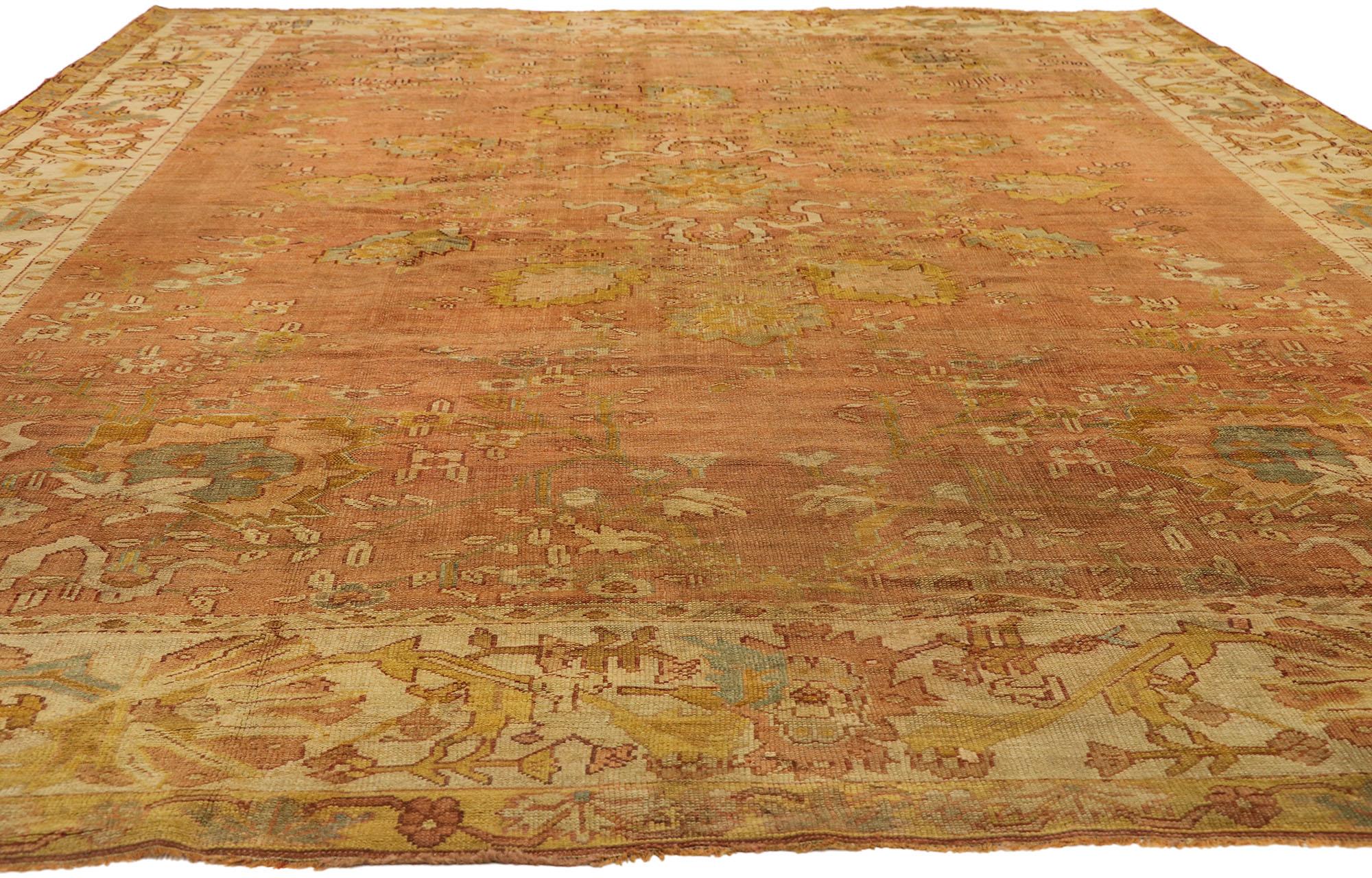 Hand-Knotted Distressed Antique Turkish Oushak Area Rug with Rustic Neoclassical Style For Sale