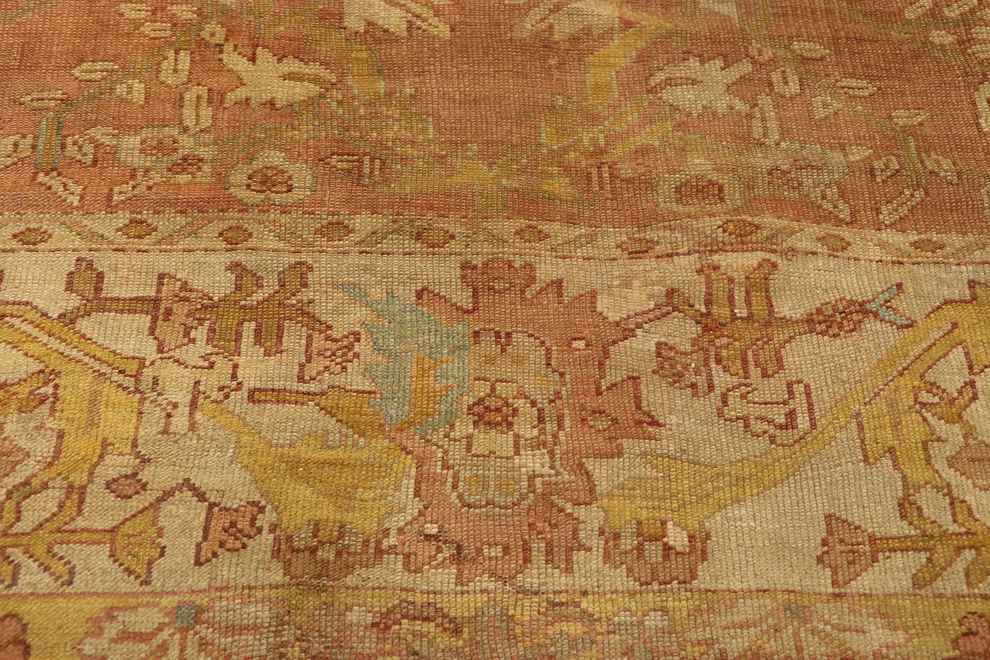 Distressed Antique Turkish Oushak Area Rug with Rustic Neoclassical Style In Distressed Condition For Sale In Dallas, TX