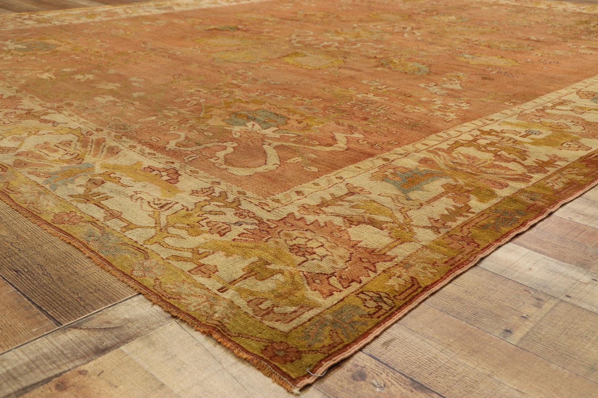 Wool Distressed Antique Turkish Oushak Area Rug with Rustic Neoclassical Style For Sale