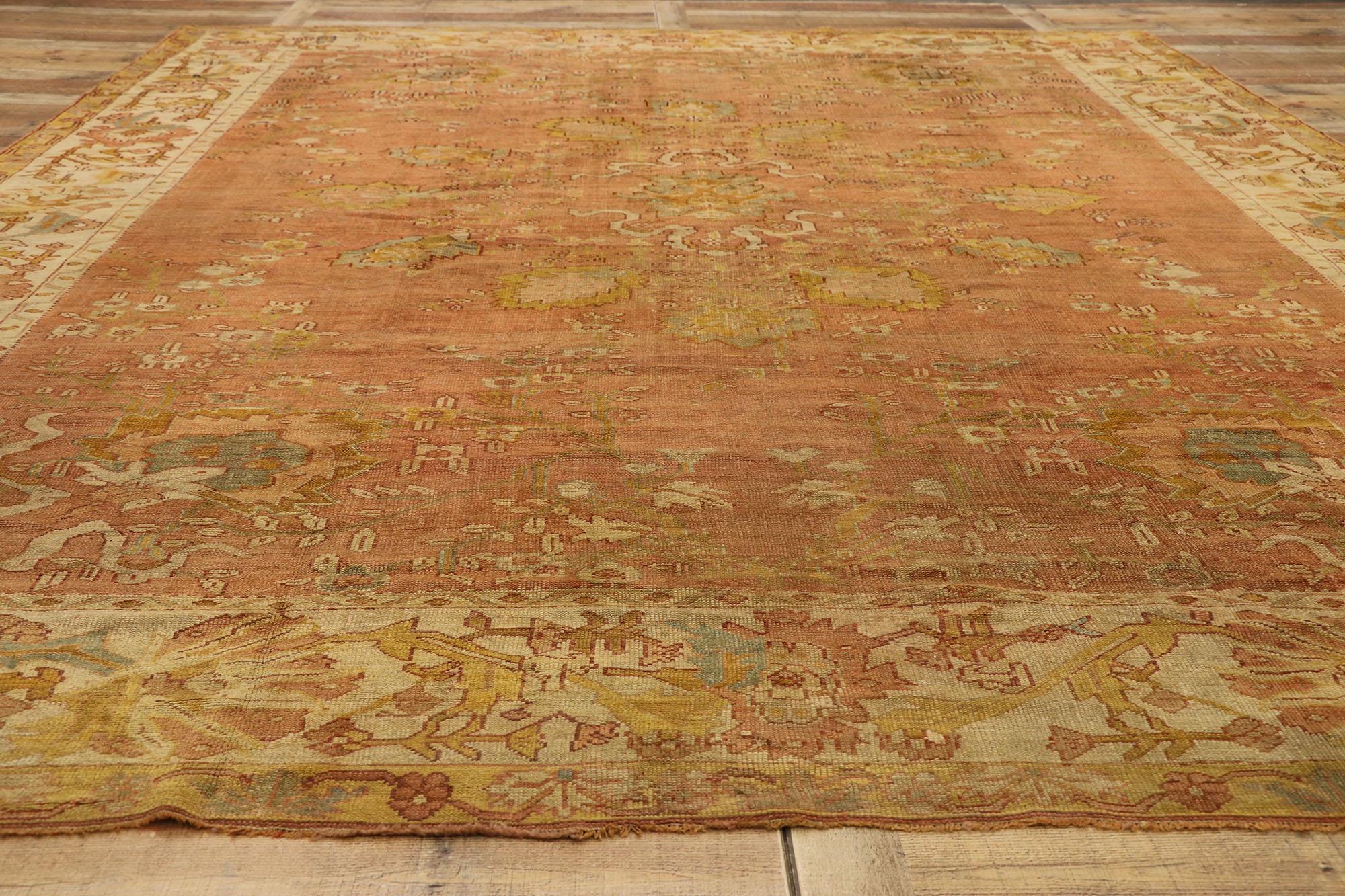 Distressed Antique Turkish Oushak Area Rug with Rustic Neoclassical Style For Sale 1