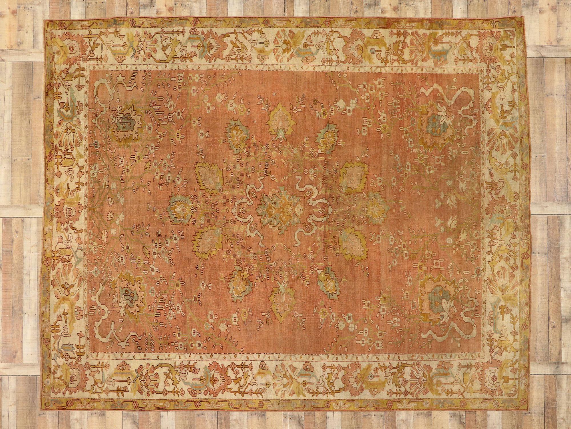 Distressed Antique Turkish Oushak Area Rug with Rustic Neoclassical Style For Sale 2