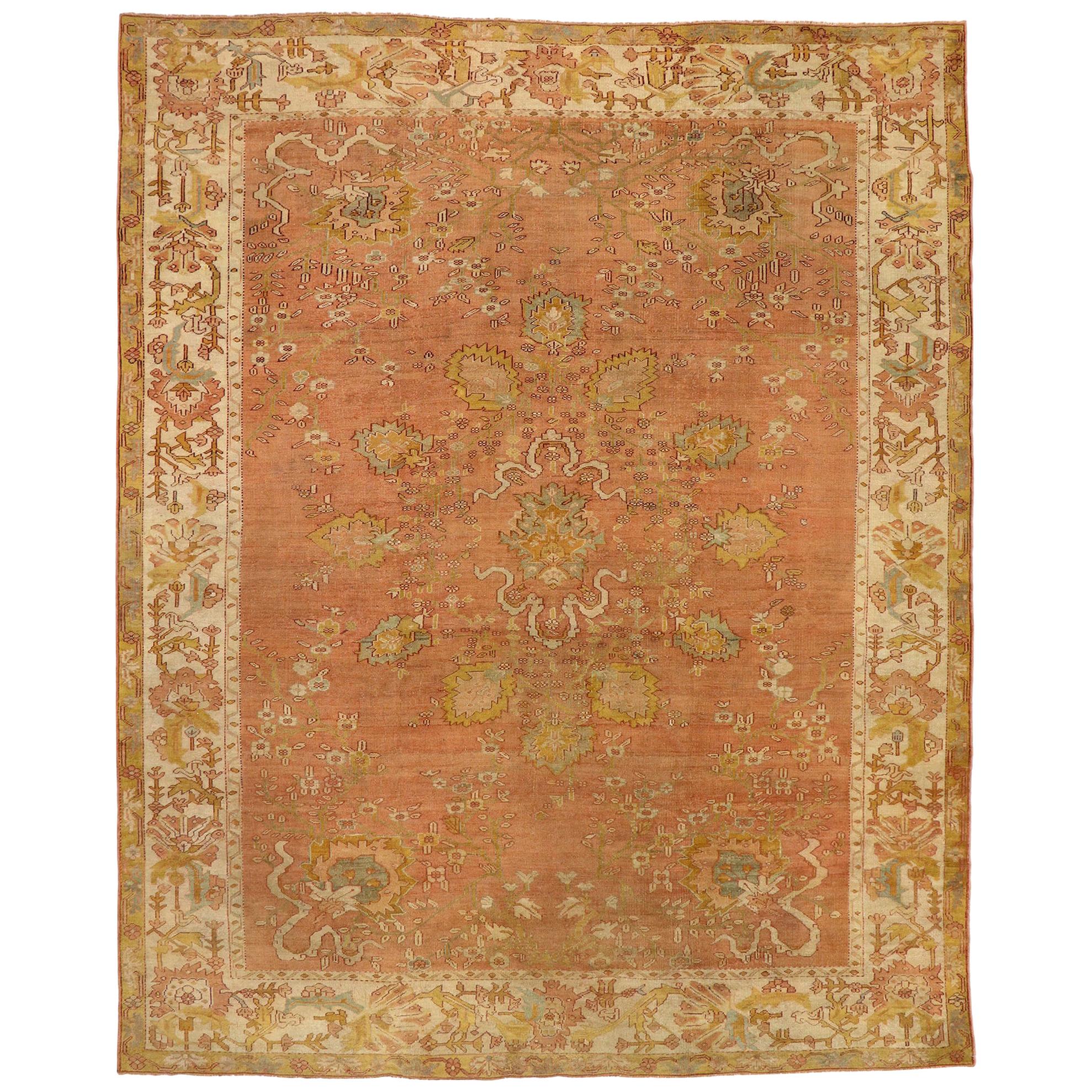 Distressed Antique Turkish Oushak Area Rug with Rustic Neoclassical Style For Sale