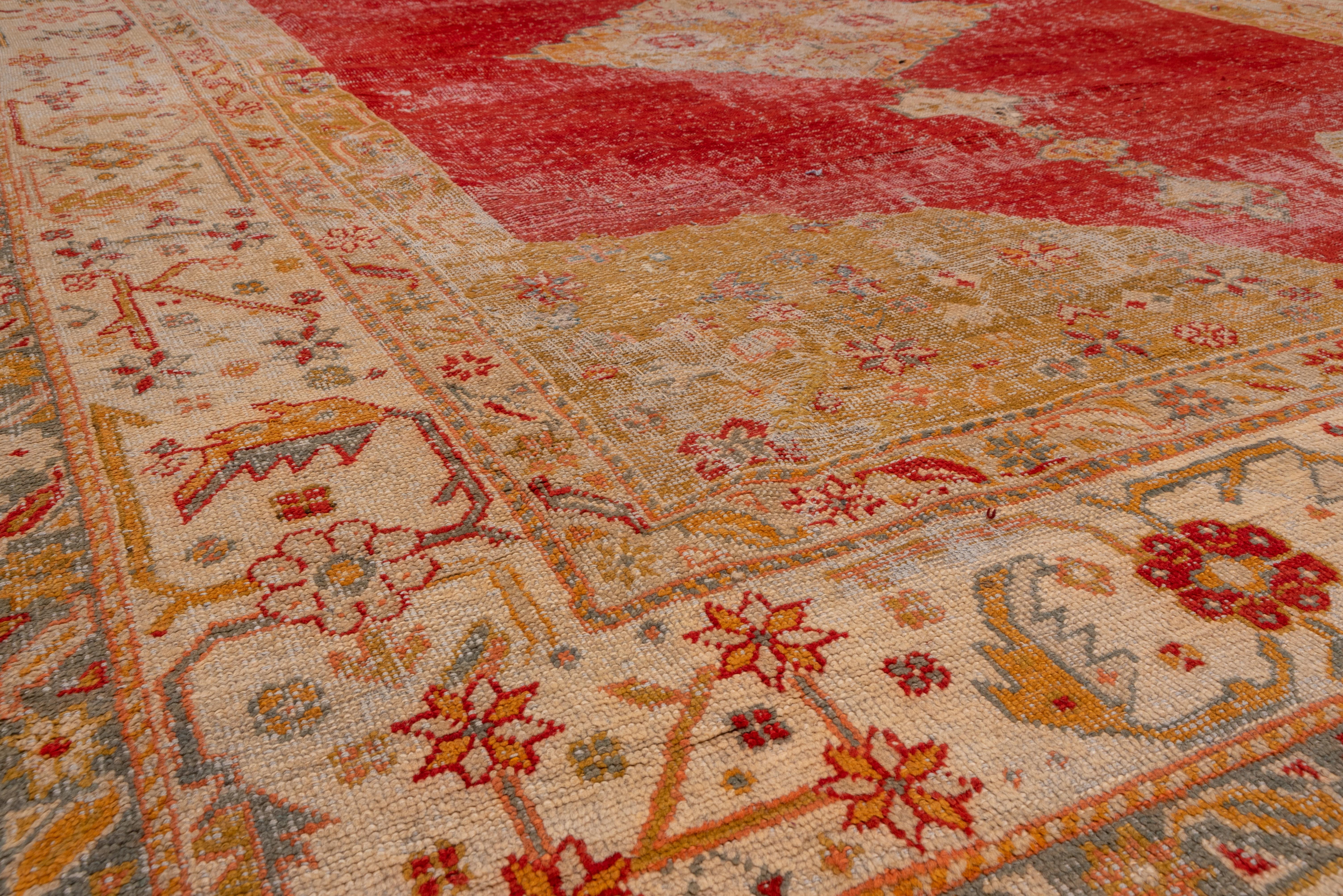 Hand-Knotted Distressed Antique Turkish Oushak Carpet, Red and Gold For Sale